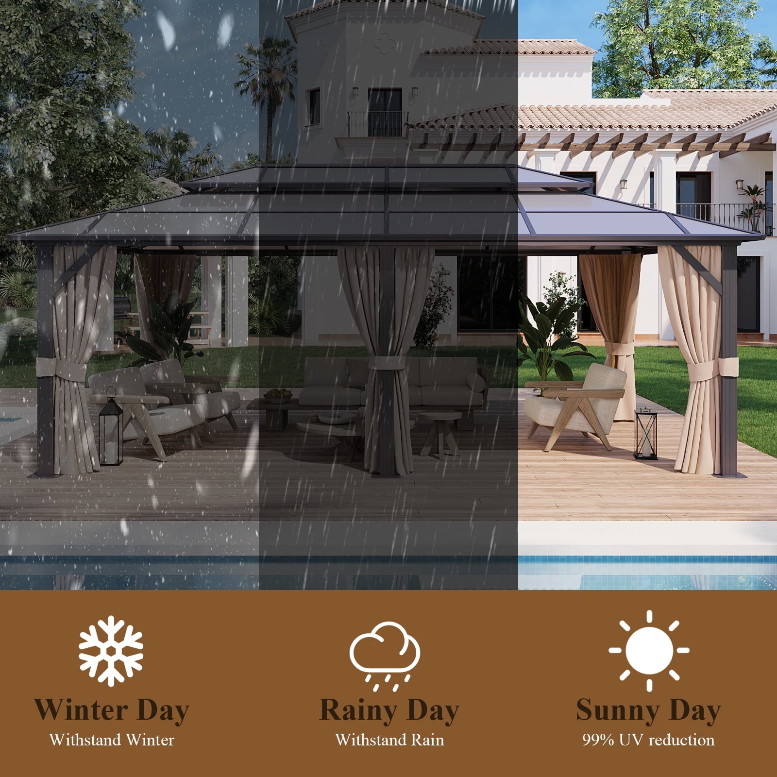 Mazonvintage 12x20FT Hardtop Gazebo, Aluminum Frame Permanent Pavilion with Curtains and Netting, Outdoor Polycarbonate Double Roof Canopy, Designed for Garden, Lawns, Patio