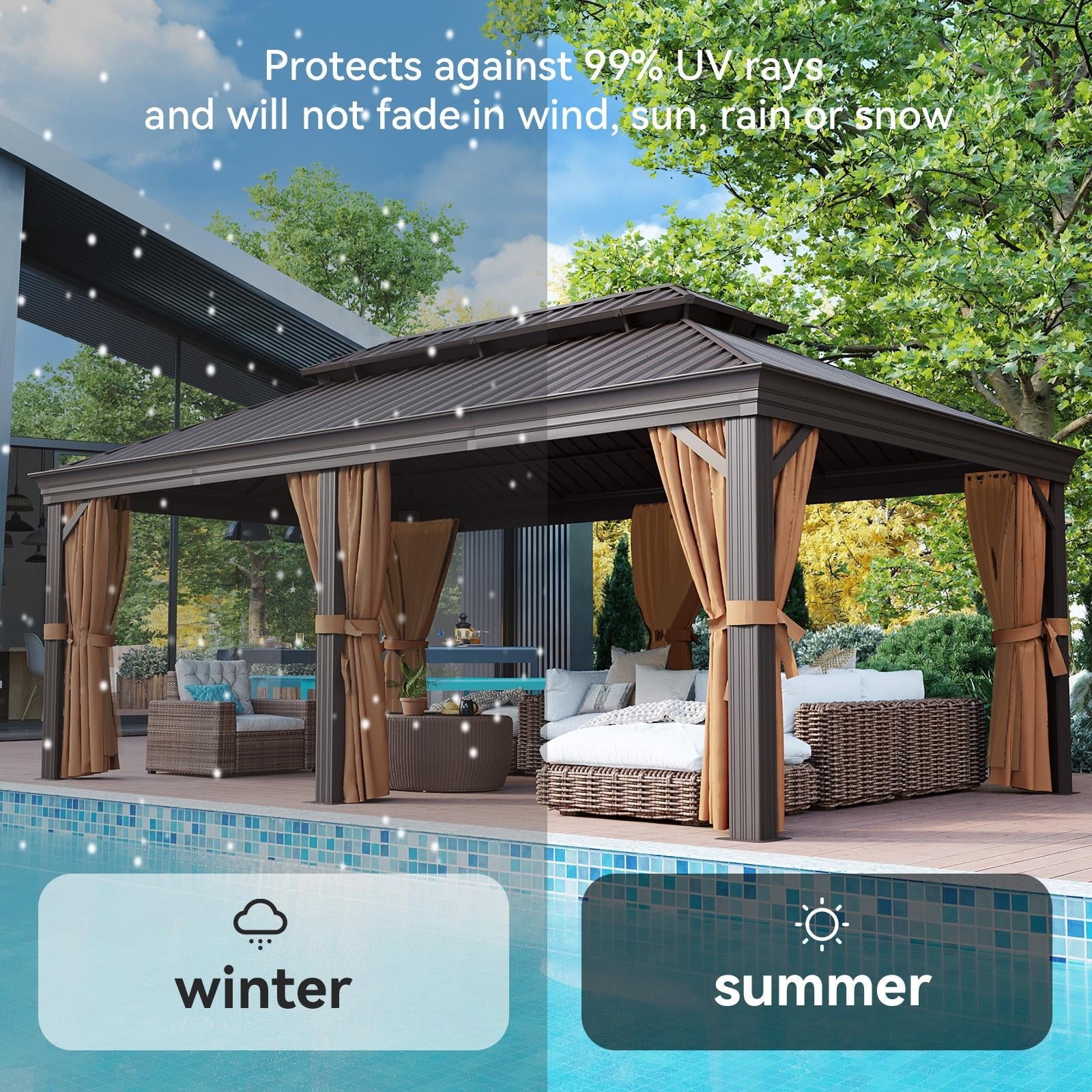 Mazonvintage 12 ft. x 20 ft. Outdoor Hardtop Gazebo, Galvanized Steel Double Roof Gazebo with Curtain and Netting