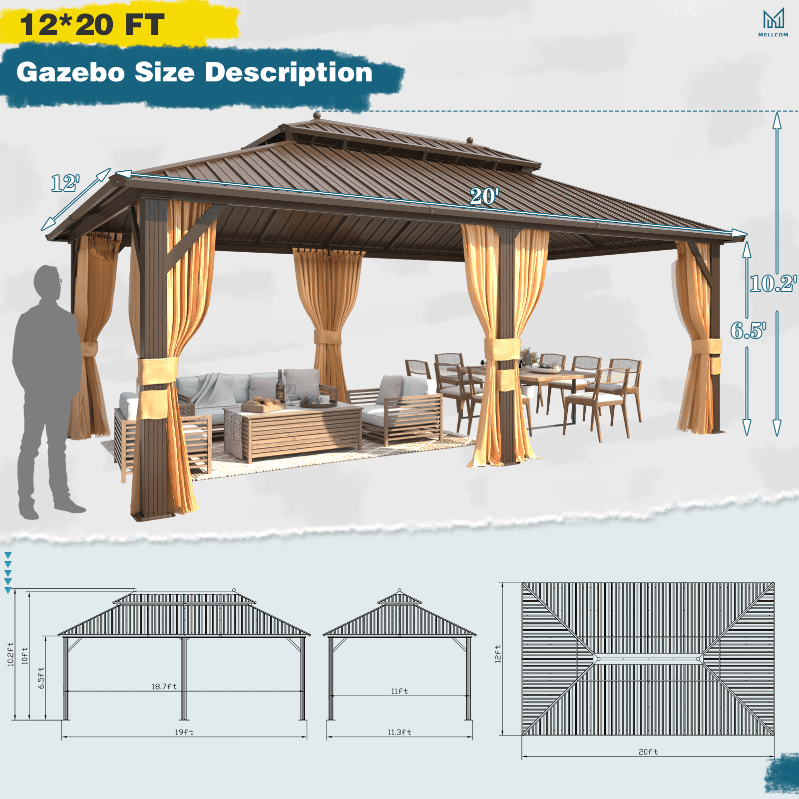 Mazonvintage 12' x 20' Mazonvintage Gazebo Aluminum Frame Gazebo with Galvanized Steel Double Roof