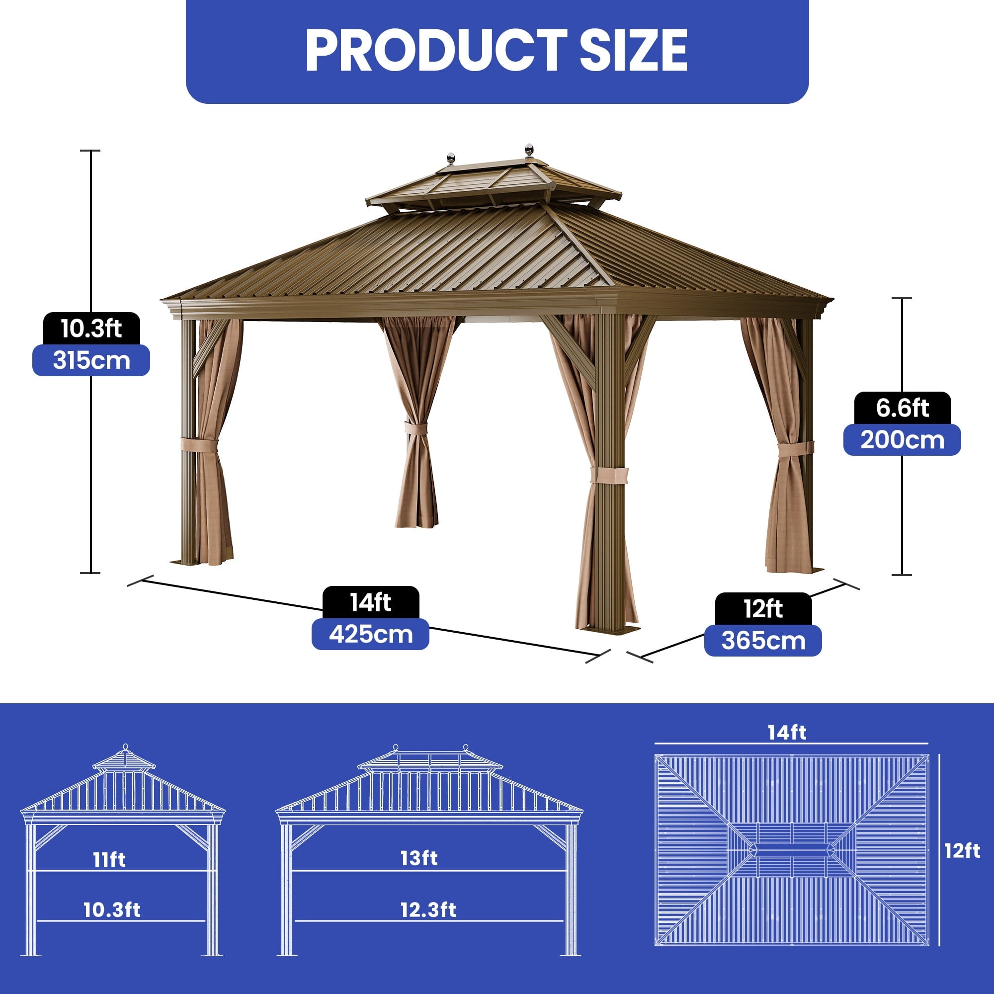 Mazonvintage 12' x 14'  Outdoor Hardtop Gazebo with Netting & Shaded Curtains, Heavy Duty Double Roof Galvanized Steel Garden Tent for Patio, Mazonvintage, Bronze