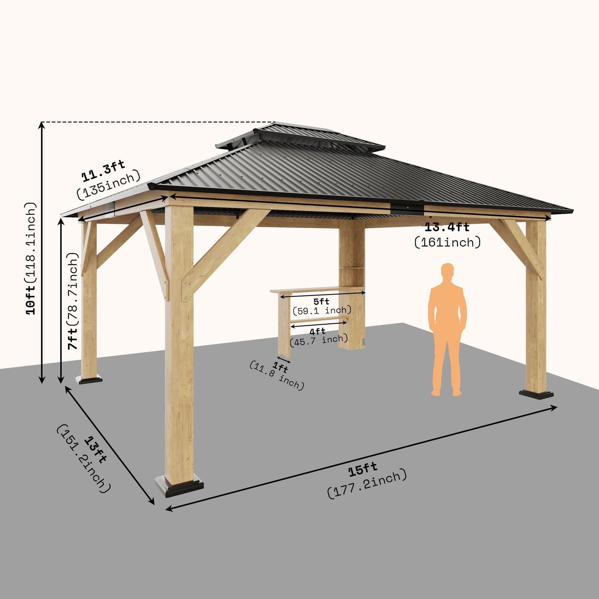 Mazonvintage Wood Gazebo 13'x15', Wind & Rain Resistant Design, Grill Gazebo for Garden, Mazonvintage