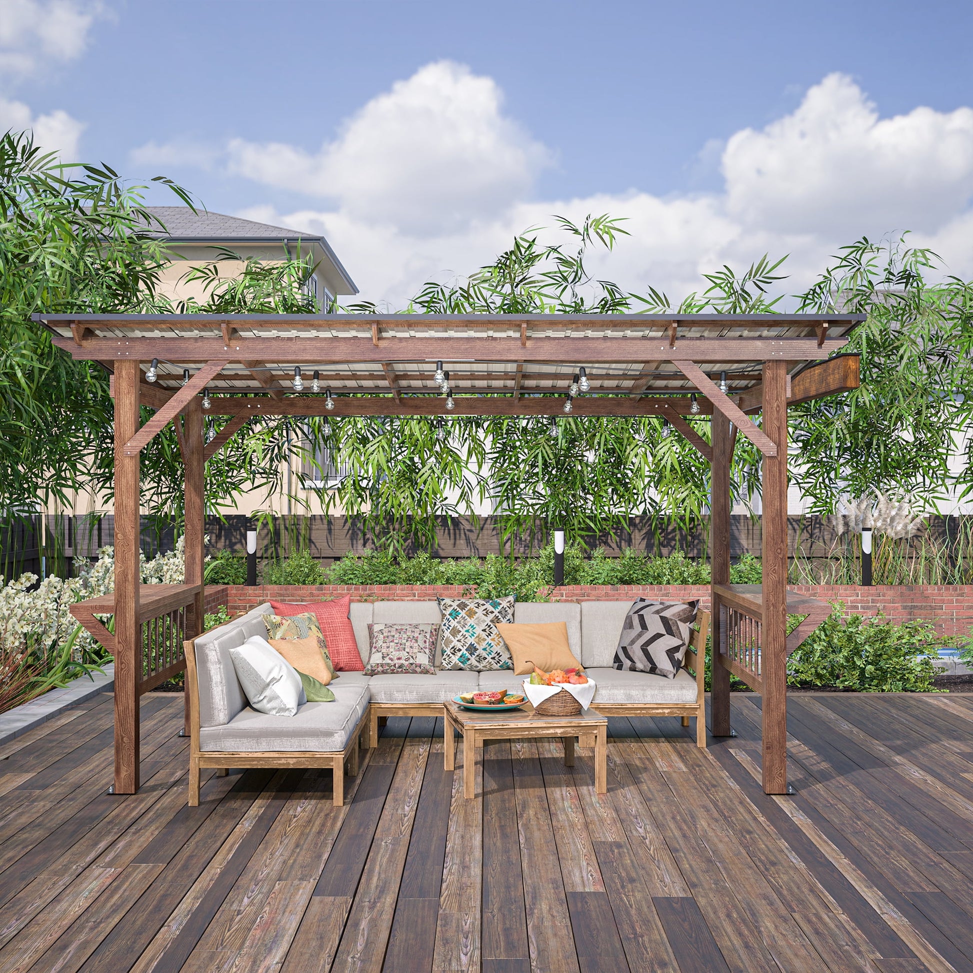 13' x 6.5' Wooden Grill Gazebo with Metal Roof, Bulbs & Bar Counters - Weather-Resistant BBQ Shelter