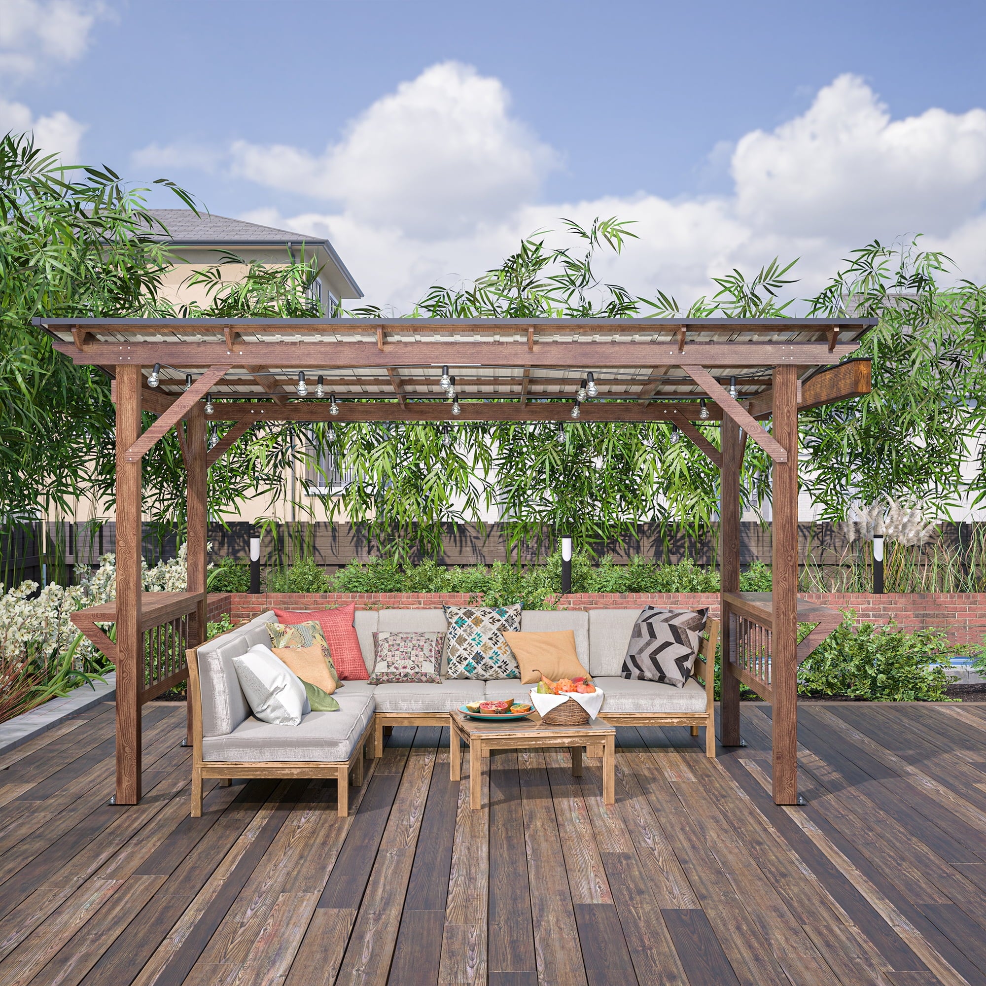 13' x 6.5' Wooden Grill Gazebo with Metal Roof, Bulbs & Bar Counters - Weather-Resistant BBQ Shelter