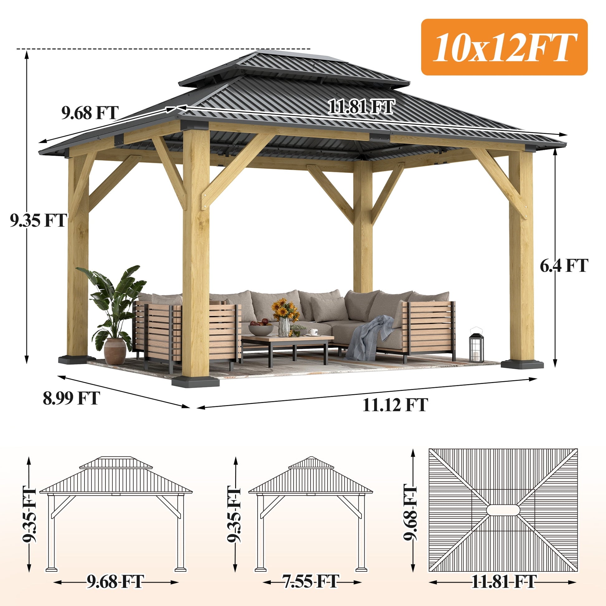 Mazonvintage 10 x 12 ft. Outdoor Wooden Mazonvintage Gazebo, Galvanized Steel Double Roof Gazebo for Patio, Mazonvintage, Deck, Lawns