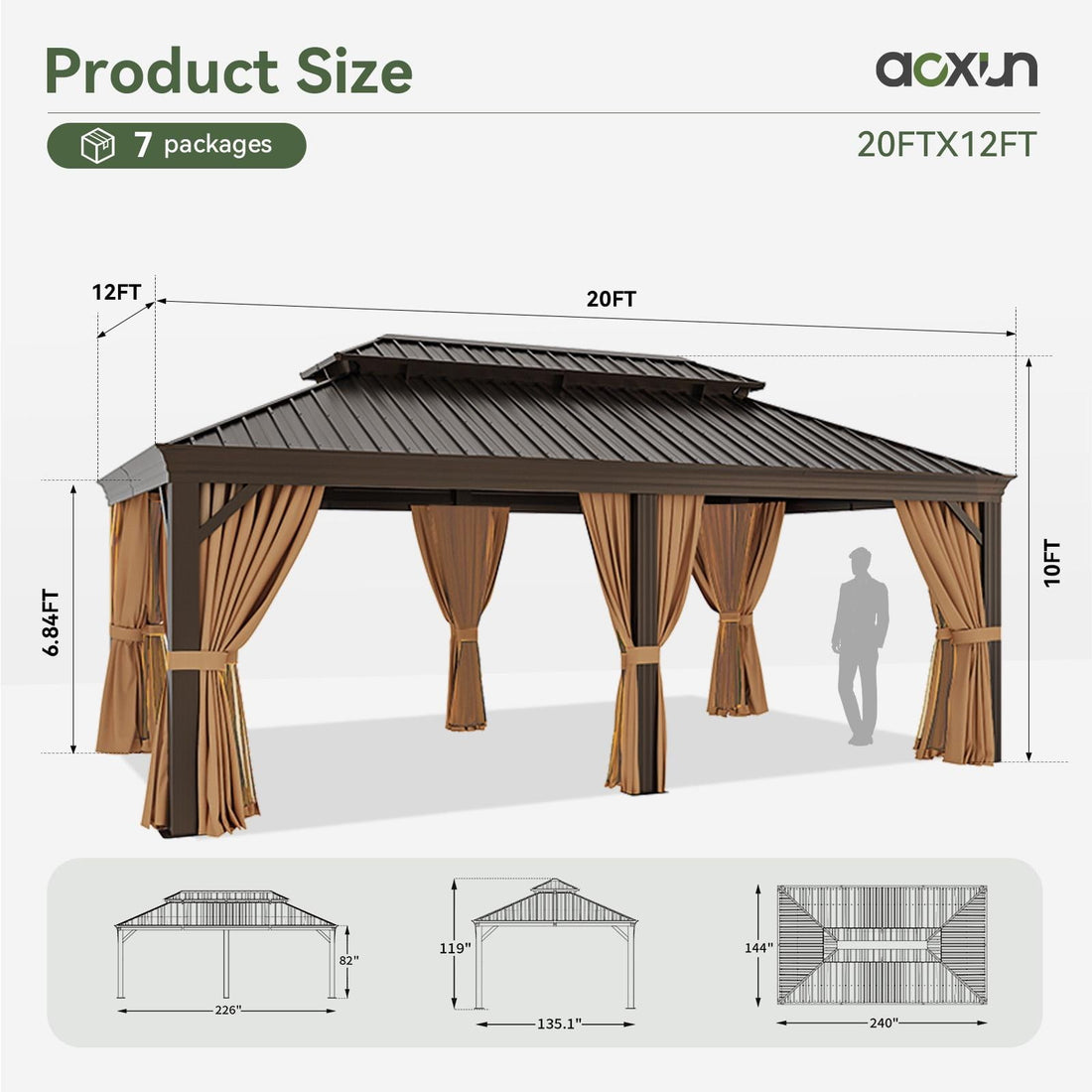Mazonvintage 12 ft. x 20 ft. Outdoor Hardtop Gazebo, Galvanized Steel Double Roof Gazebo with Curtain and Netting
