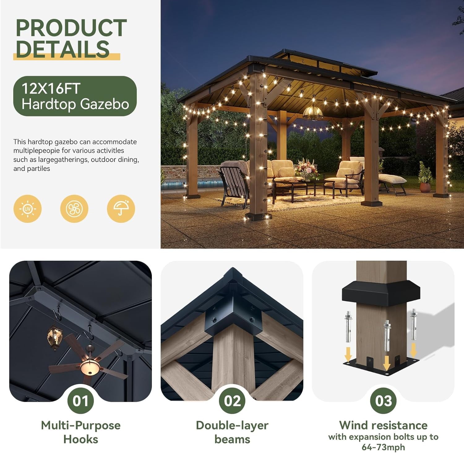 Mazonvintage 12' x 16' Outdoor Wood Gazebo, Hardtop Gazebo Permanent Wooden Pavilion with Galvanized Steel Double Roof, for Patio, Garden, Backyard, Cedar Wood