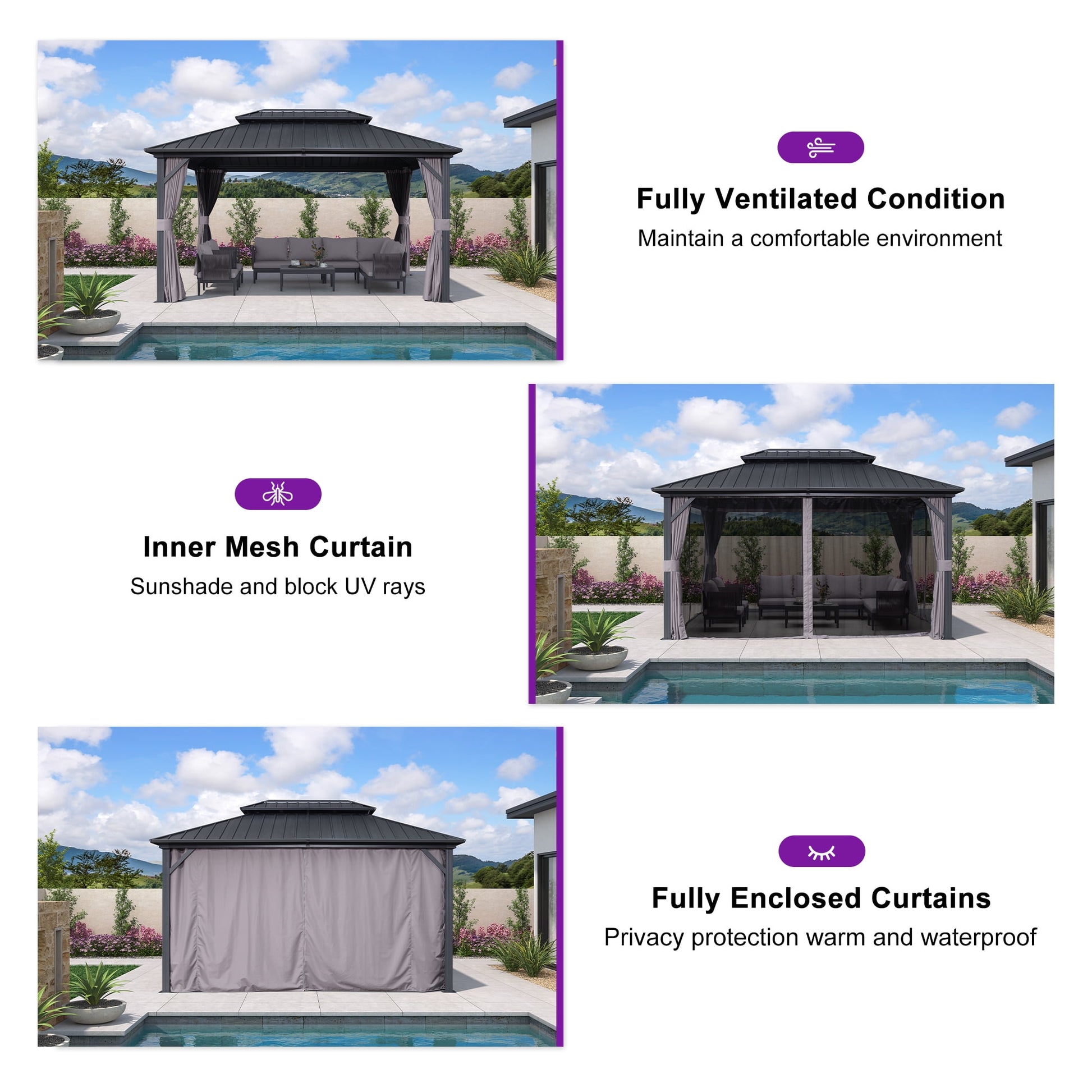 Mazonvintage 10' x 14' Permanent Mazonvintage Gazebo Aluminum Frame Gazebo with Galvanized Steel Double Roof, UV-Resistant for Mazonvintage Patio Lawn and Garden, Netting & Curtains included - Grey