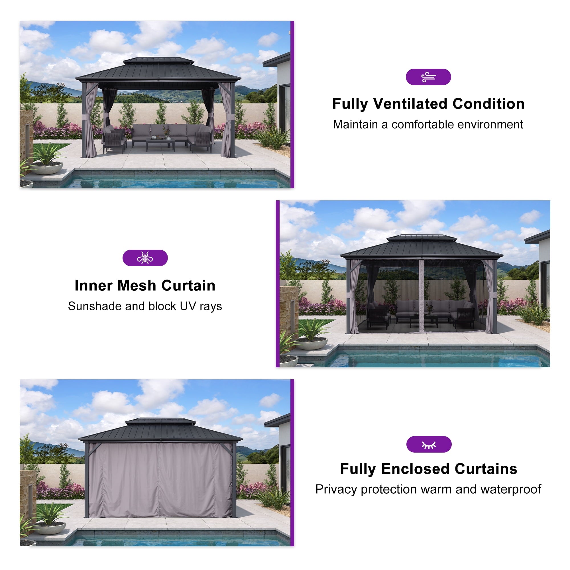 Mazonvintage 10' x 14' Permanent Mazonvintage Gazebo Aluminum Frame Gazebo with Galvanized Steel Double Roof, UV-Resistant for Mazonvintage Patio Lawn and Garden, Netting & Curtains included - Grey