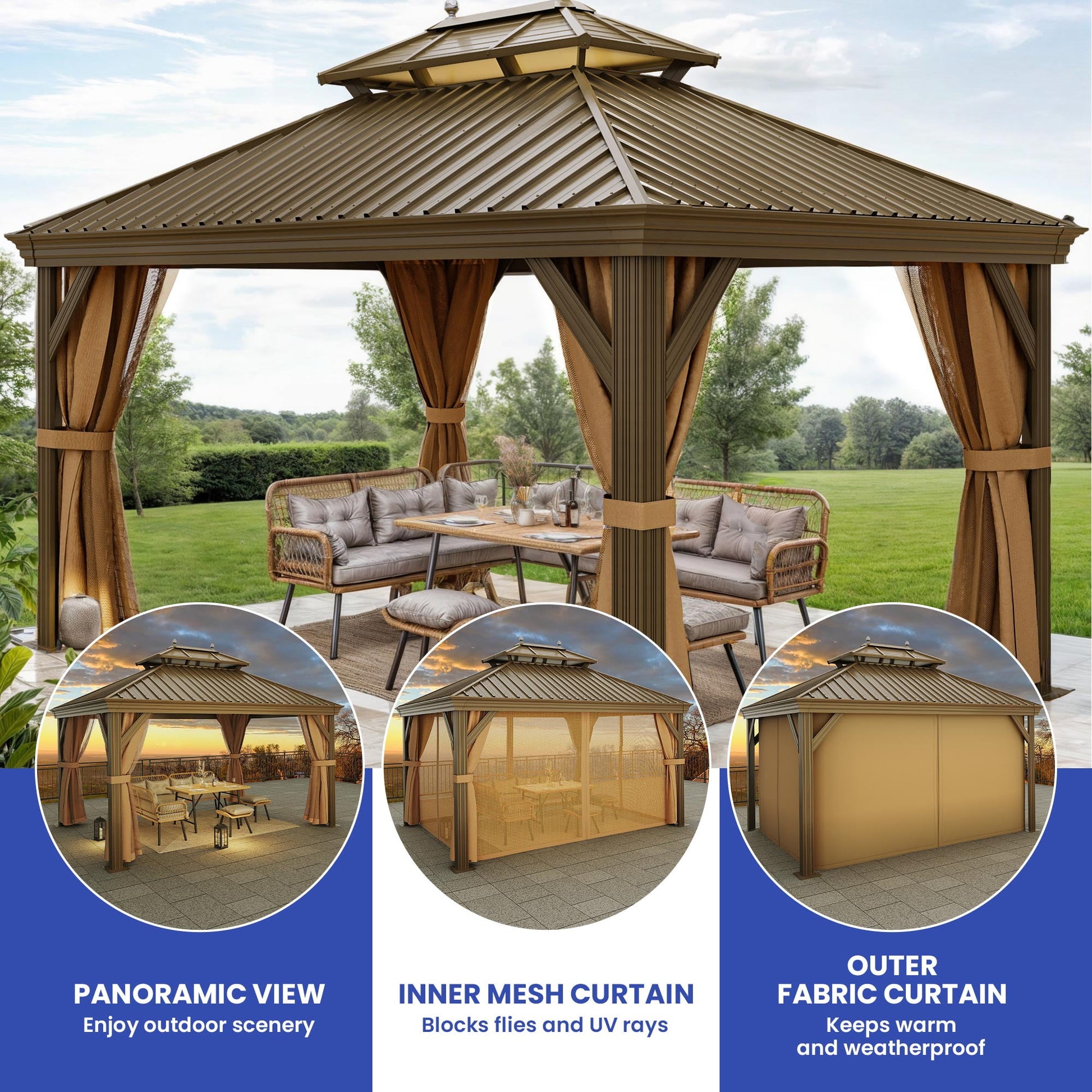 Mazonvintage 12' x 14'  Mazonvintage Gazebo with Netting & Curtains, Heavy Duty Double Roof Galvanized Steel Garden Tent for Patio, Mazonvintage, Bronze