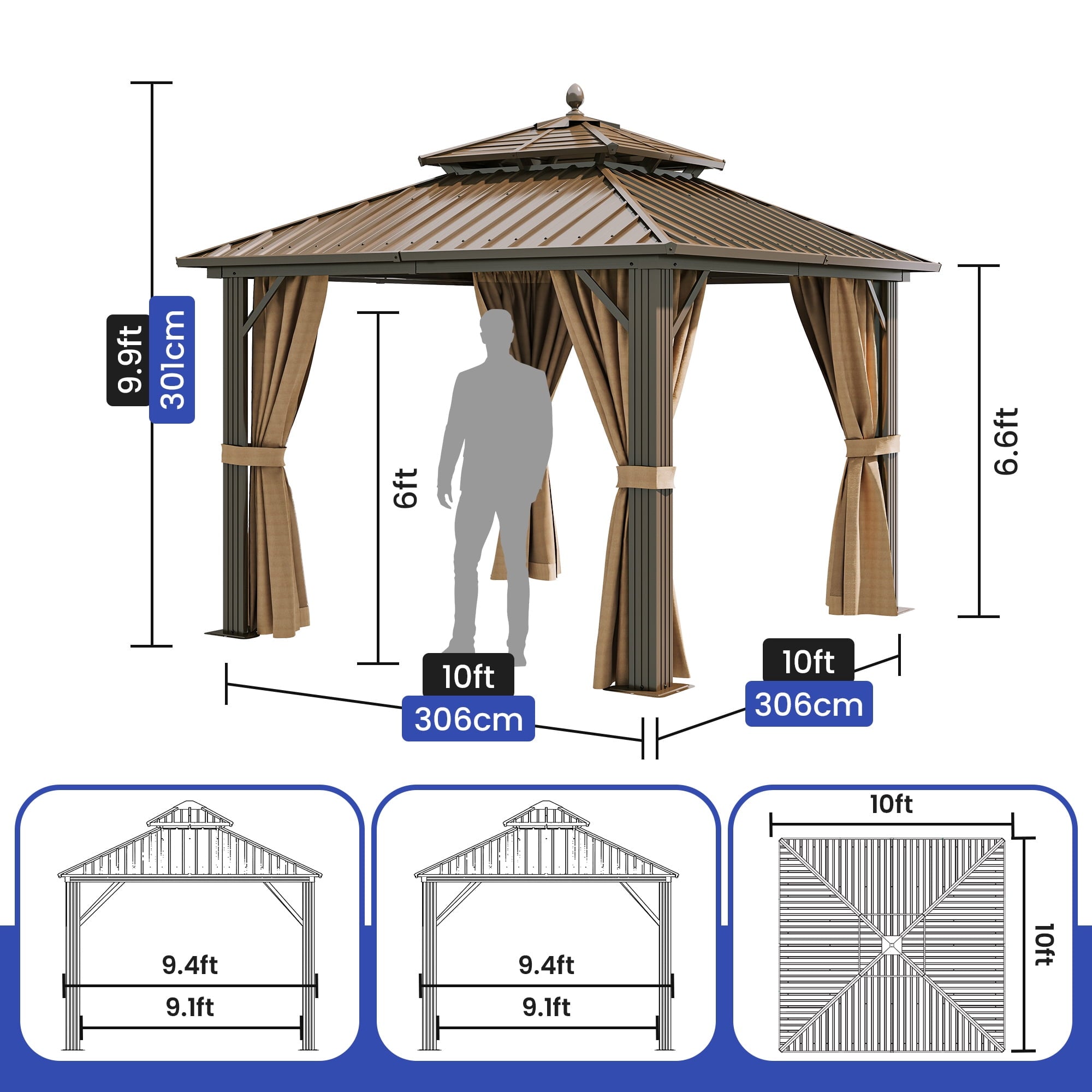Mazonvintage 10' x 10' Double Roof Gazebo: Heavy Duty Galvanized Steel wit Netting and Curtains in Bronze
