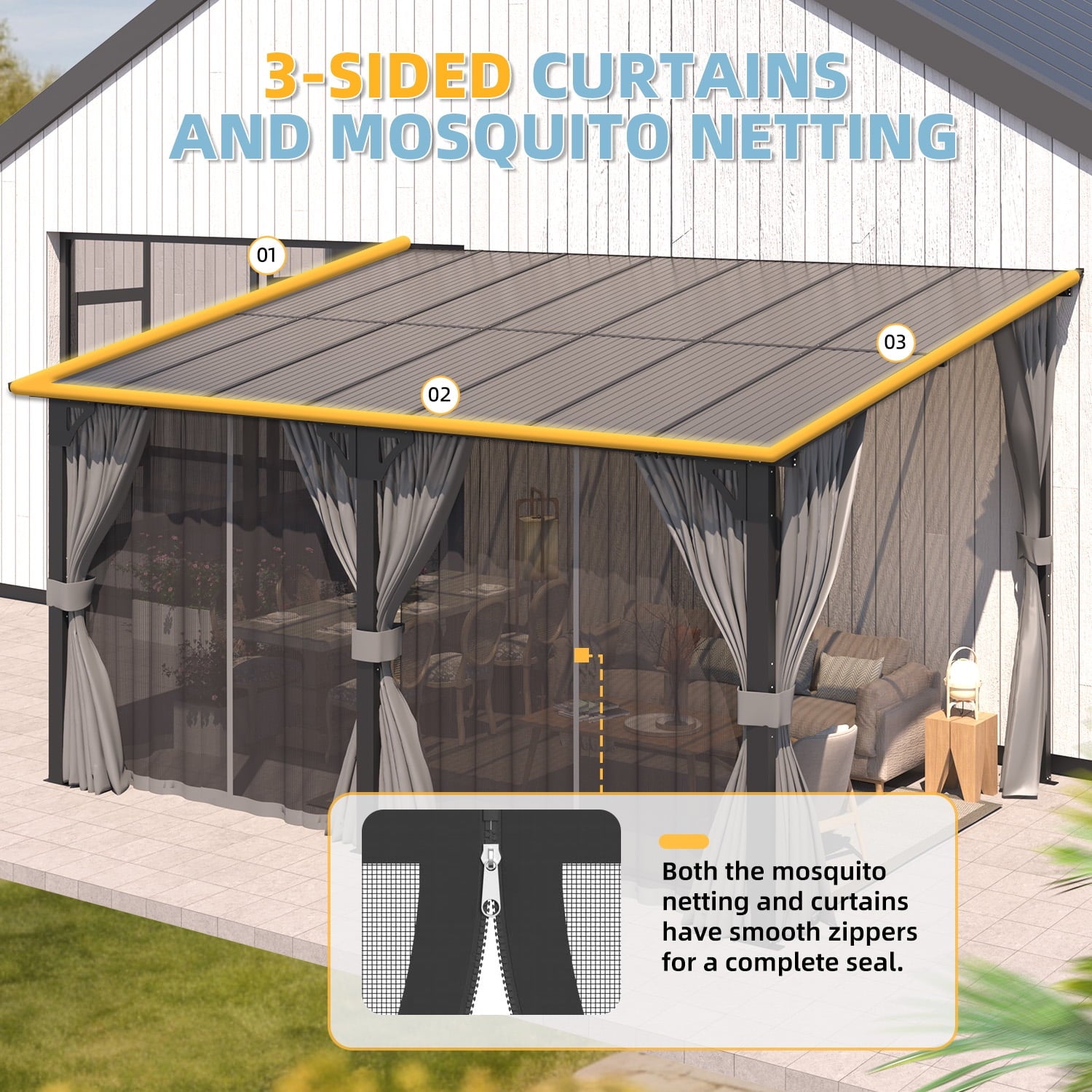 Mazonvintage 14' x 10' Lean to Gazebo with Netting and Curtain Outdoor Hardtop Gazebo Aluminum Metal Pergola ​For Garden, Patio, Backyard-​Dark ​Gray