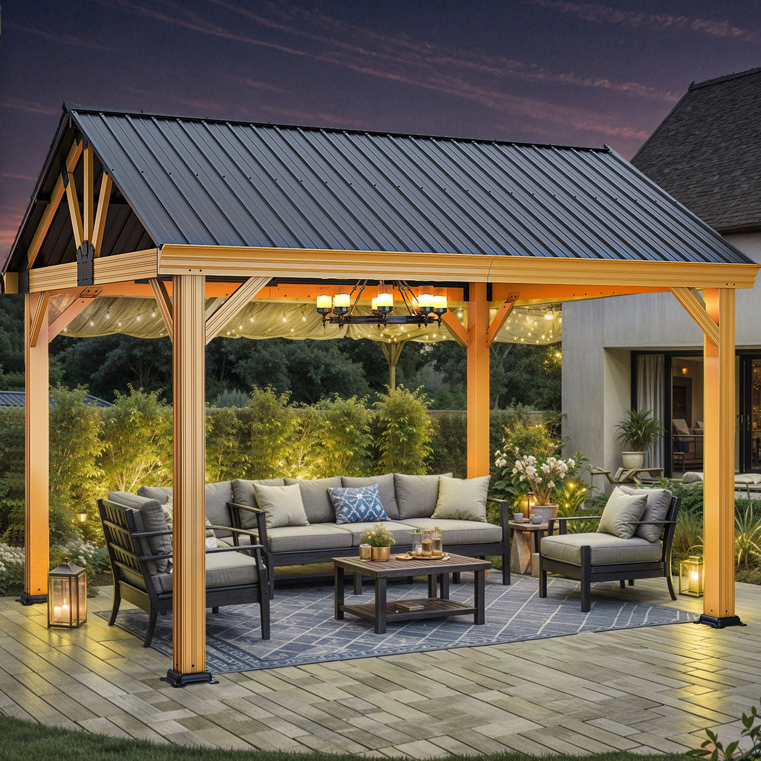 Mazonvintage 11' x13.8' Outdoor Gazebo, Hardtop Gazebo with Galvanized Steel Top Pavilion Gable Roof, for Patio, Garden, Balcony