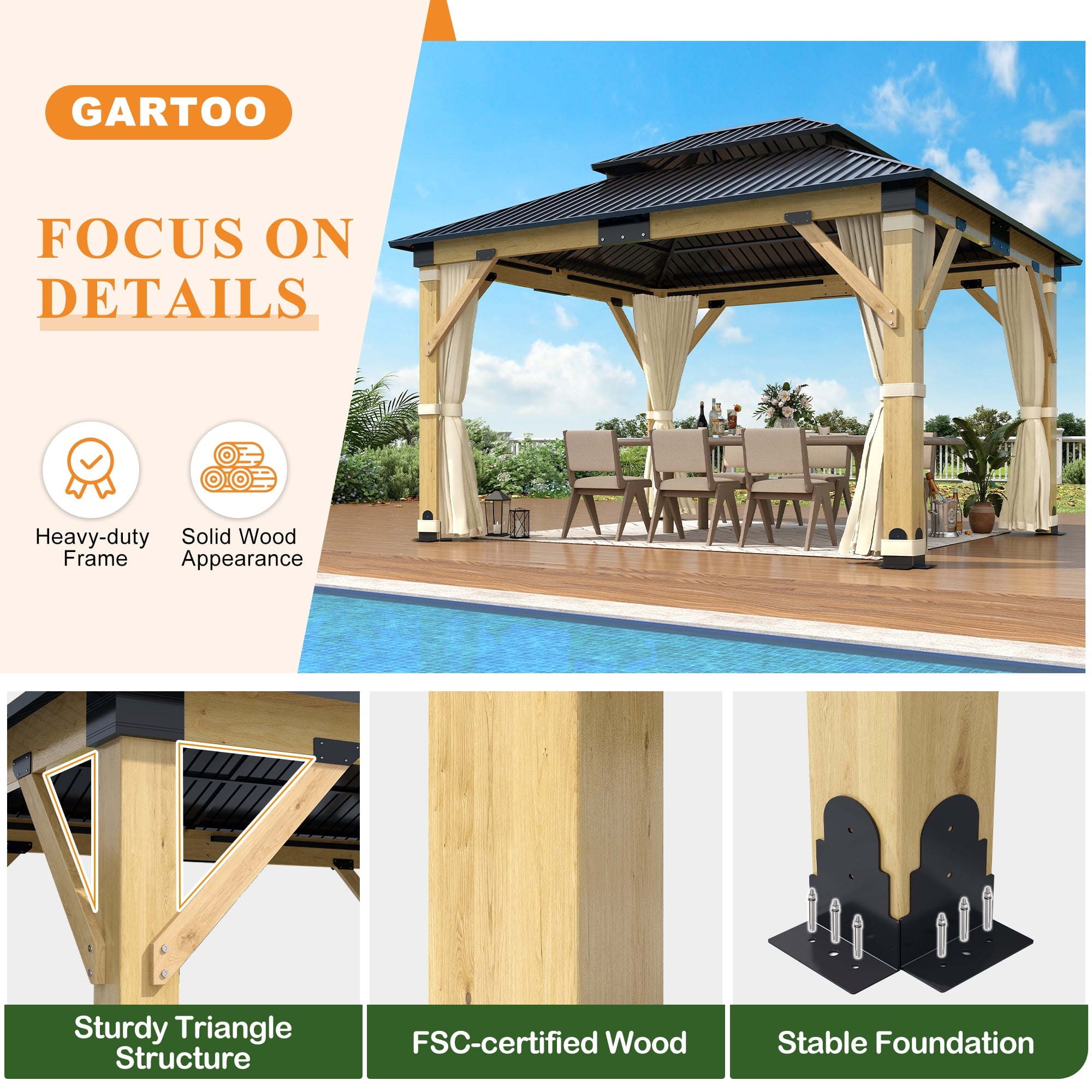 Mazonvintage 11 x 13 ft. Patio Cedar Wood Gazebo, Double Metal Roof Mazonvintage Wooden Gazebos with Curtains and Netting for Backyard, Deck, Lawns