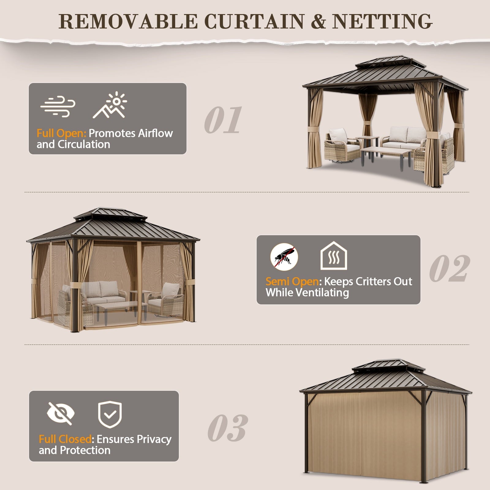 Mazonvintage PEAK 10'x 12' Outdoor Patio Hardtop Gazebo with Aluminum Frame, Galvanized Steel Double Roof with Netting and Curtains for Garden, Yard, Lawns, Brown