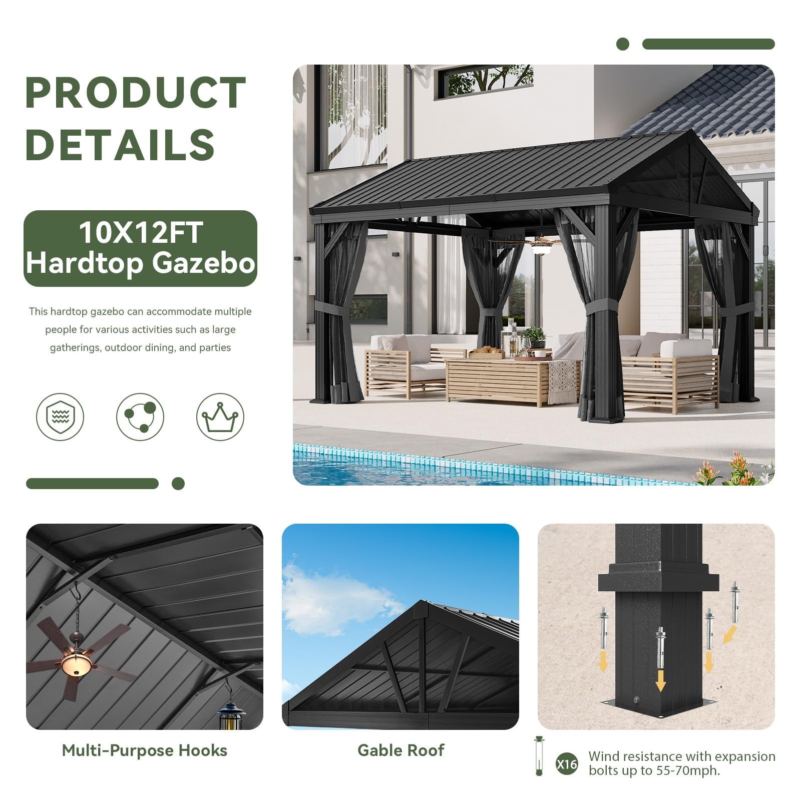 Mazonvintage 10' X 12' Hardtop Gazebo, Aluminum Outdoor Gazebo with Galvanized Steel Gable Roof Canopy, Patio Permanent Metal Gazebo Pavilion with Netting, for Garden, Backyard, Deck