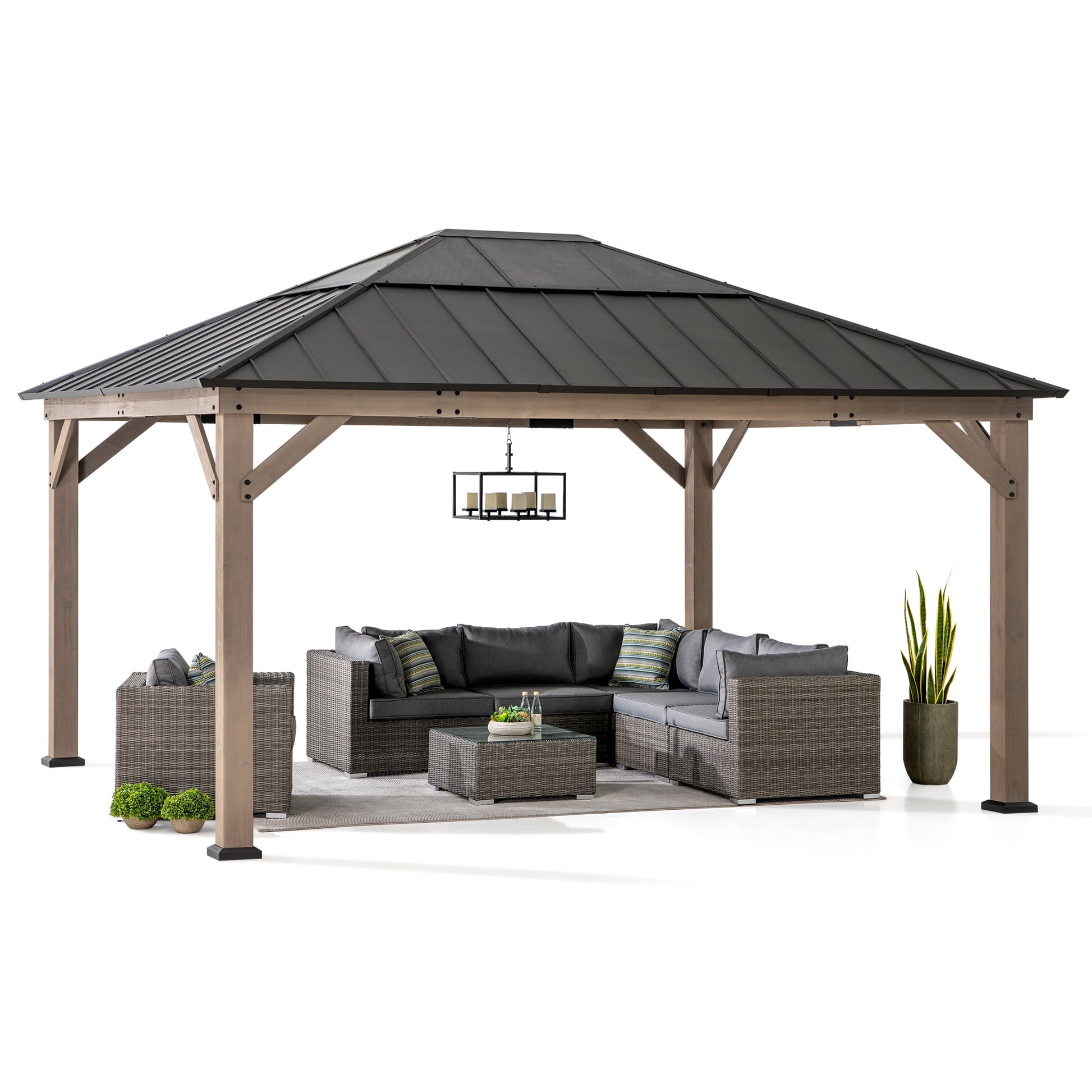 Mazonvintage Hardtop Gazebo 13 x 15 ft. Standard Cedar Framed Wood Gazebo, Outdoor Patio Gazebo with Dark Brown Steel and Polycarbonate Hip Roof and Ceiling Hook, Dark Brown Roof + Dark Wood Frame
