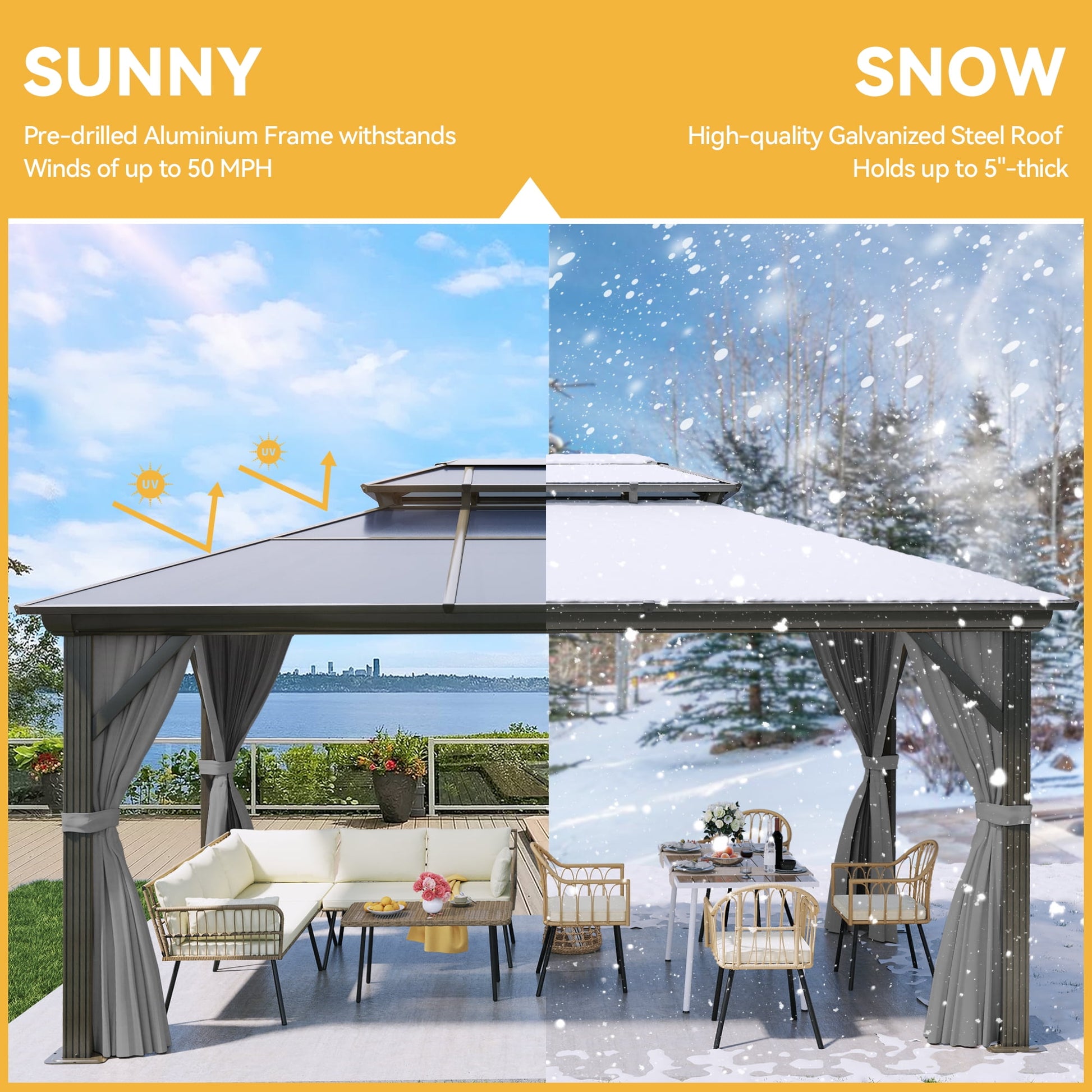 Mazonvintage 12x16FT Double Roof Gazebo Canopy, Outdoor Gazebo with Netting and Shaded Curtains, Aluminum Frame Hardtop Garden Tent for Patio, Mazonvintage and Lawns, Grey Curtain