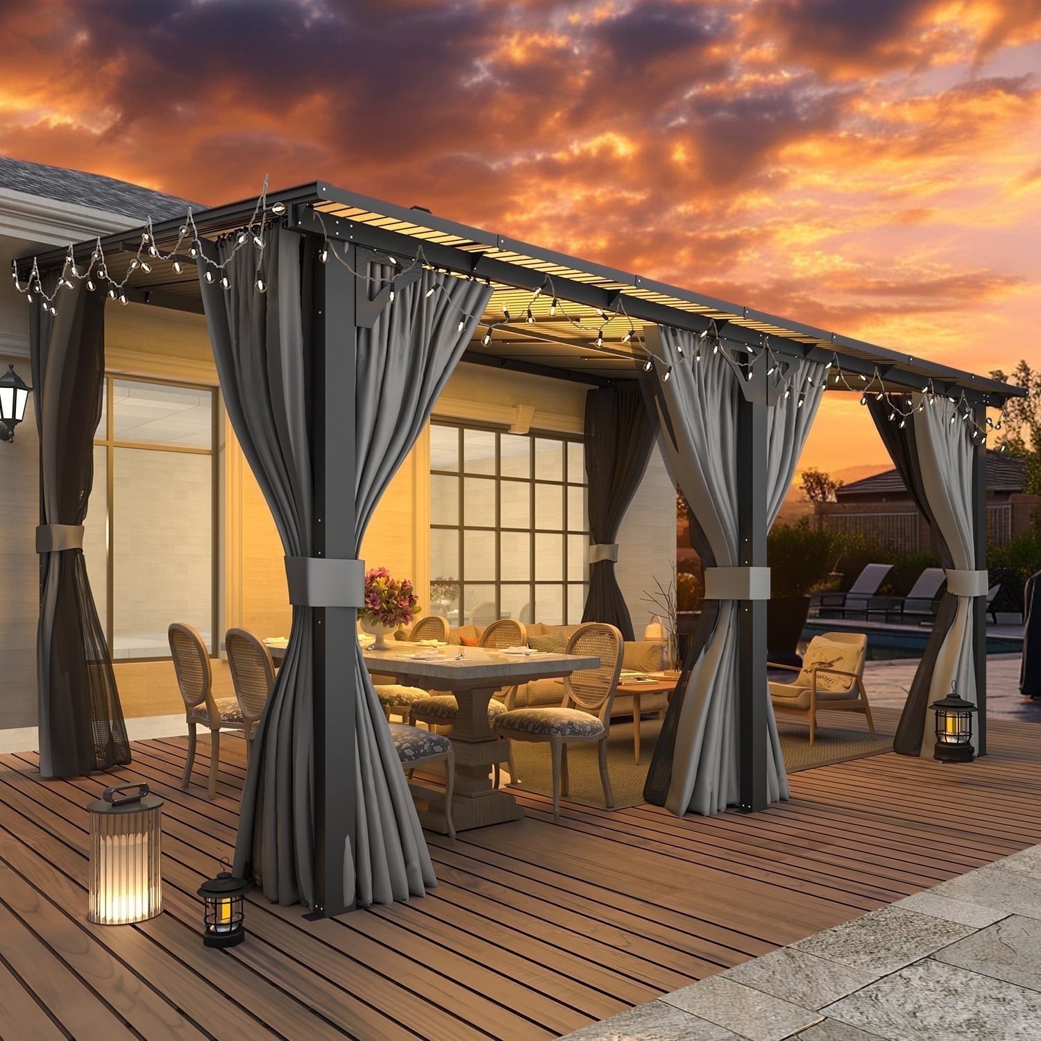 Mazonvintage 14' x 10' Lean to Gazebo with Netting and Curtain Outdoor Hardtop Gazebo Aluminum Metal Pergola ​For Garden, Patio, Backyard-​Dark ​Gray
