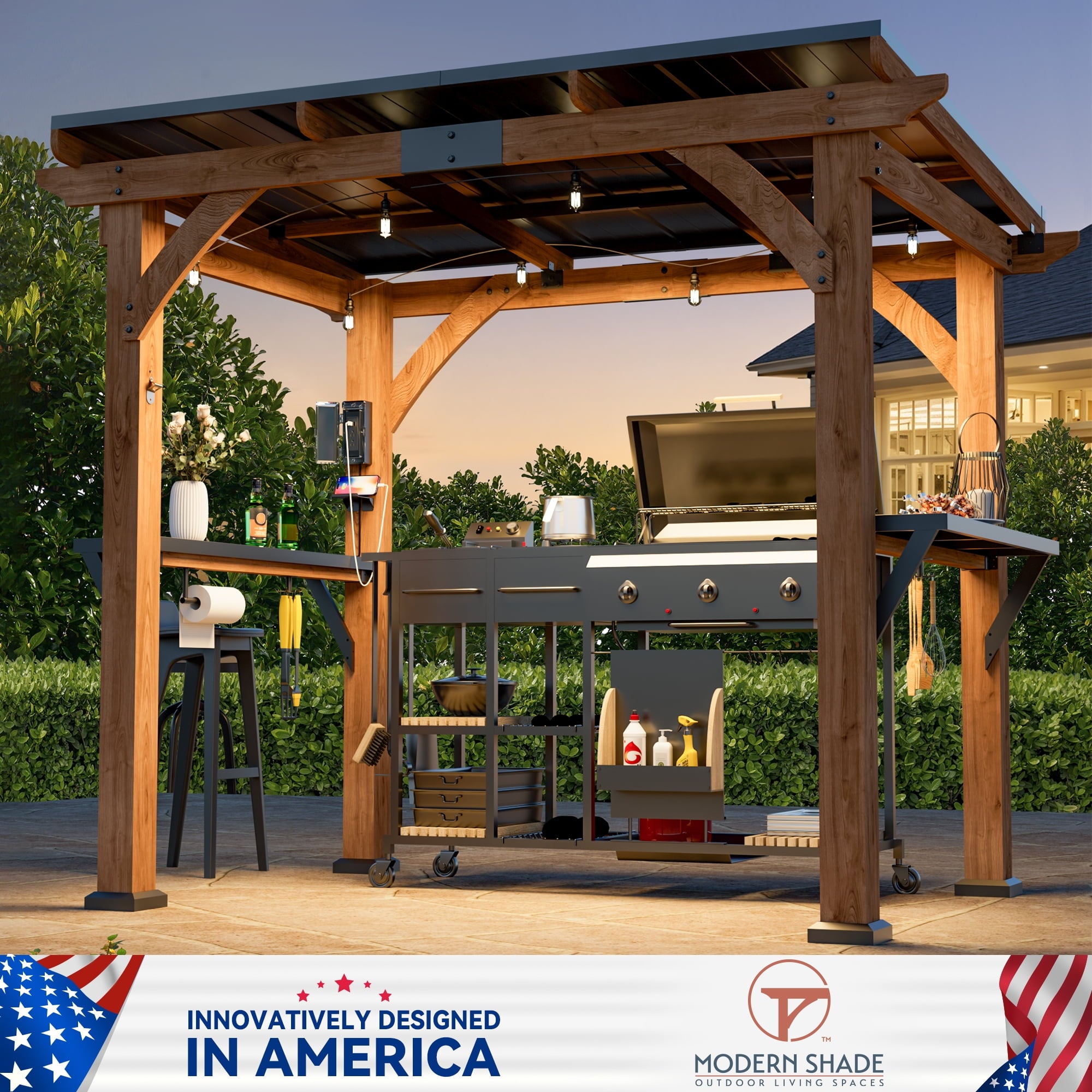 Mazonvintage Shade Grill Gazebo 6' X 8', Cedar Wood Gazebo with Shelves and Paper Towel Holder, Patio Gazebo with Galvanized Steel Roof, USB and USB-C Charging Ports, BBQ Gazebo for Patio Backyard