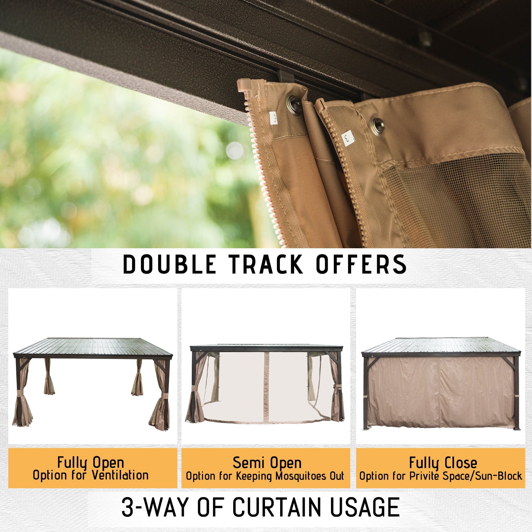 Mazonvintage Outdoor Living 10' x 12' Hardtop Lean-to Gazebo, Wall-Mounted with Galvanized Steel Roof Wall Pergola with Aluminum Frame, Curtains and Netting, for Patio, Deck, Garden, Backyard