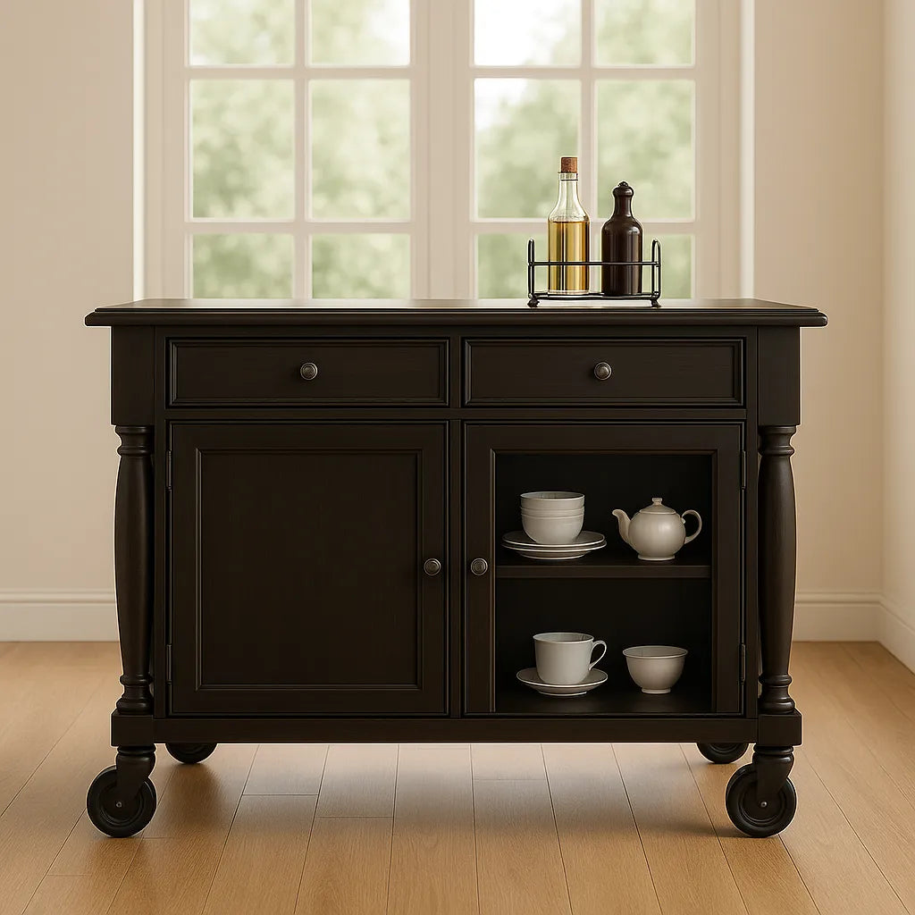 Dark Wood Kitchen Cabinet With Drawers, Doors And Side Open Shelves