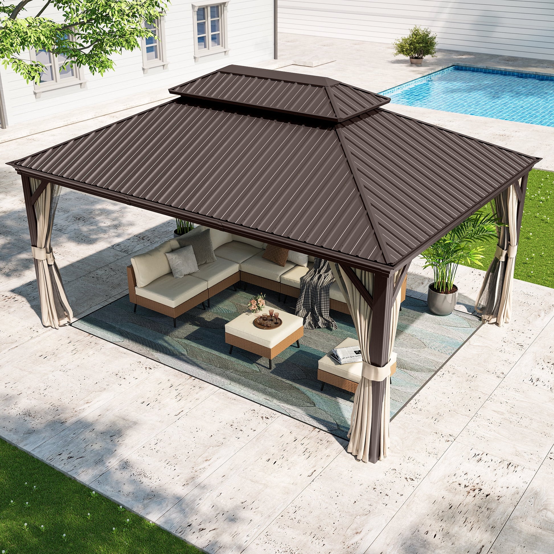 Mazonvintage HOME 12' x 16' Hardtop Patio Gazebo, 2-Tier Permanent Aluminum Hardtop with Mosquito Netting and Privacy Curtain, Brown