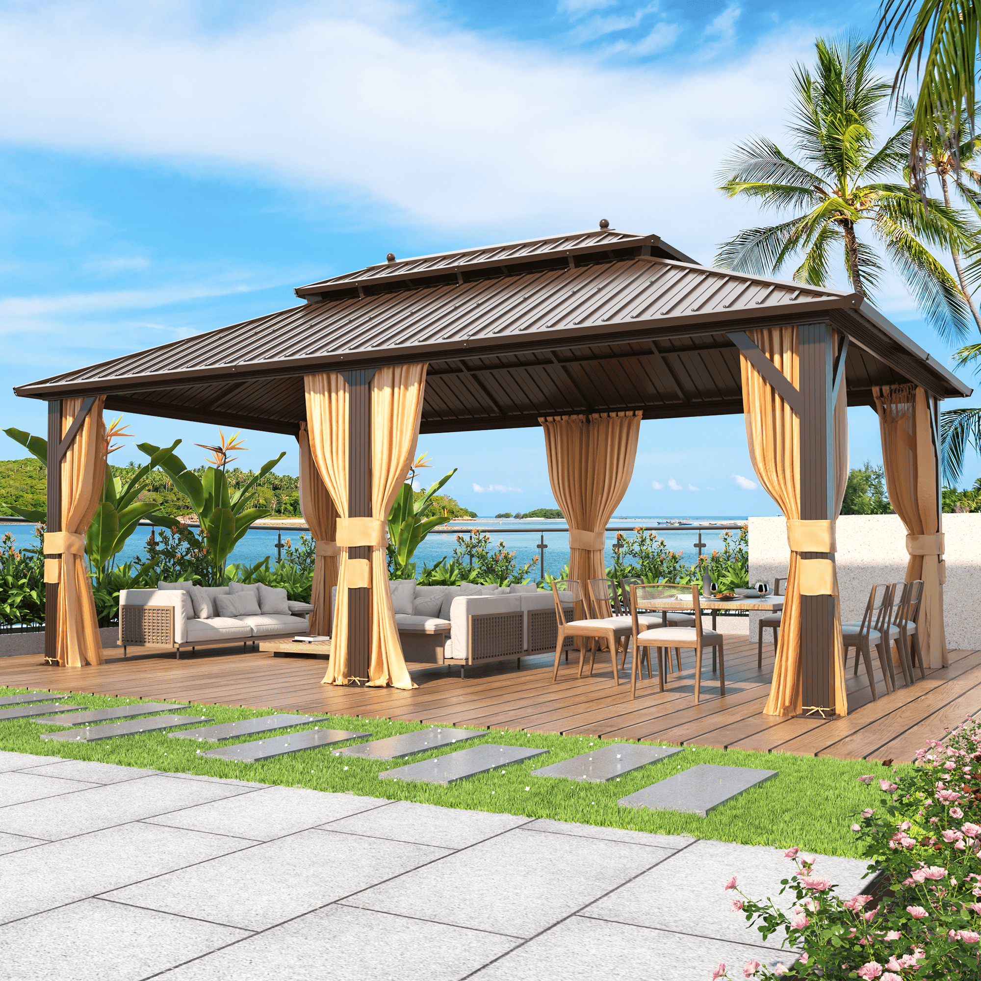 Mazonvintage 12' x 20' Mazonvintage Gazebo Aluminum Frame Gazebo with Galvanized Steel Double Roof