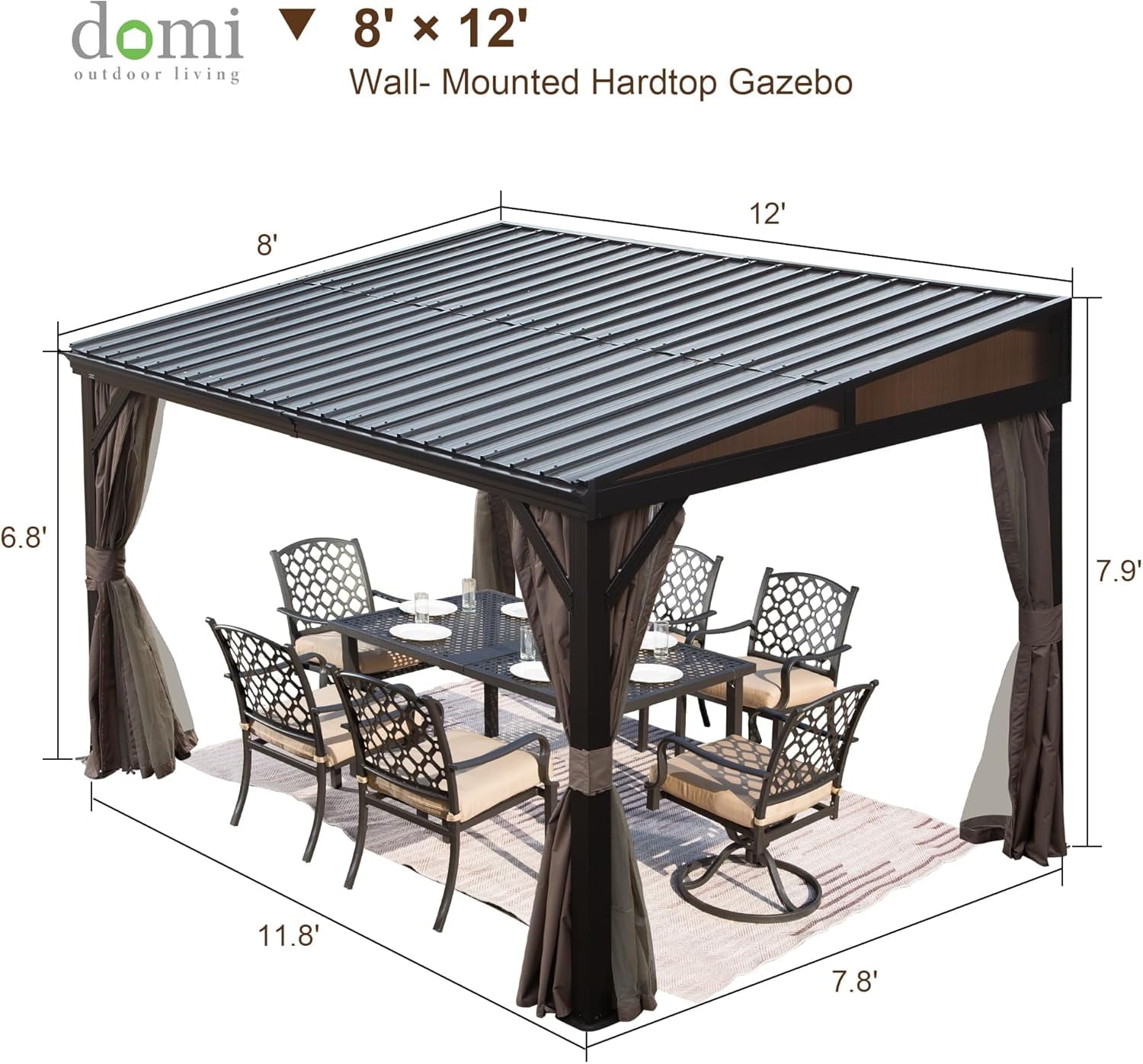 Mazonvintage Outdoor Living 8' x 12' Hardtop Lean-to Gazebo, Wall-Mounted with Galvanized Steel Roof Wall Pergola with Aluminum Frame, Curtains and Netting, for Patio, Deck, Garden, Backyard