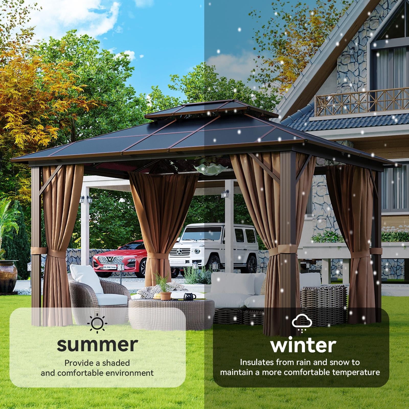 Mazonvintage 10 ft. x 12 ft. Hardtop Gazebo, Double Polycarbonate Roof Aluminum Frame Gazebo W/Curtain and Netting, Brown