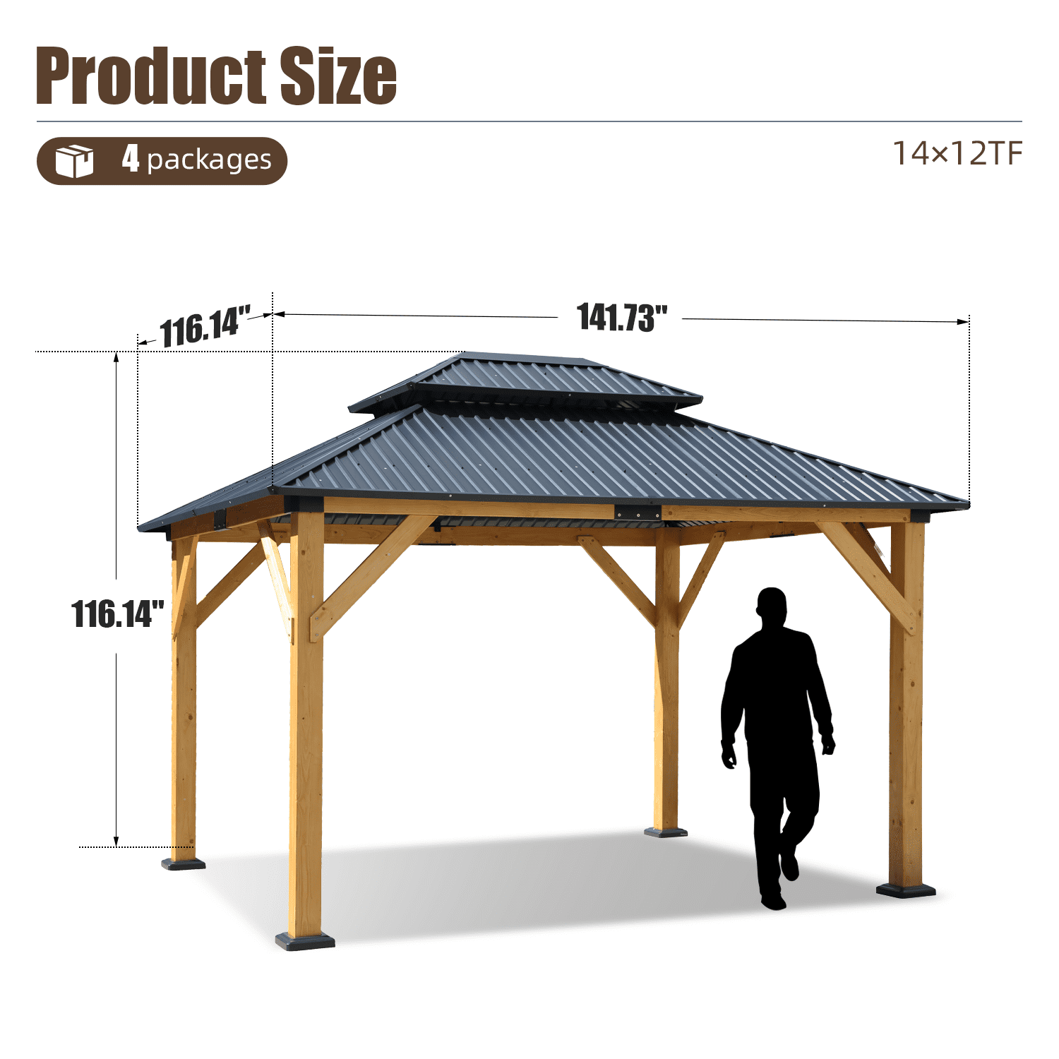 Mazonvintage Fir Wood Carport Gazebo Permanent Double Layer Steel Roof Wooden Frame All Weather Patio Shelter with Insect Netting Heavy Duty Canopy