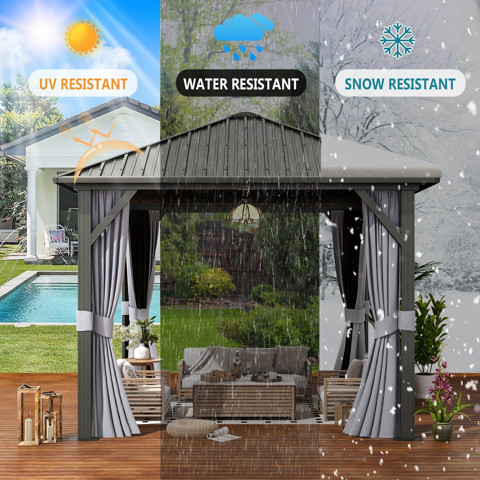 Mazonvintage 10x 10 Hardtop Gazebo, Outdoor Aluminum Frame Canopy with Netting and Curtain for Garden, Patio, Lawns, Gray