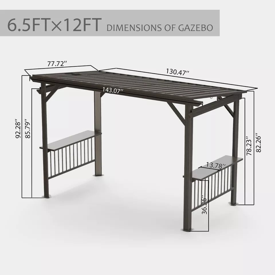 Mazonvintage 6.5x12FT Hardtop Grill Gazebo, Outdoor BBQ Shelter with 2 Side Shelves, Sloping Steel Roof, Permanent Sun Shade & Ceiling Hooks for Patio, Deck, Yard, Garden (Brown)