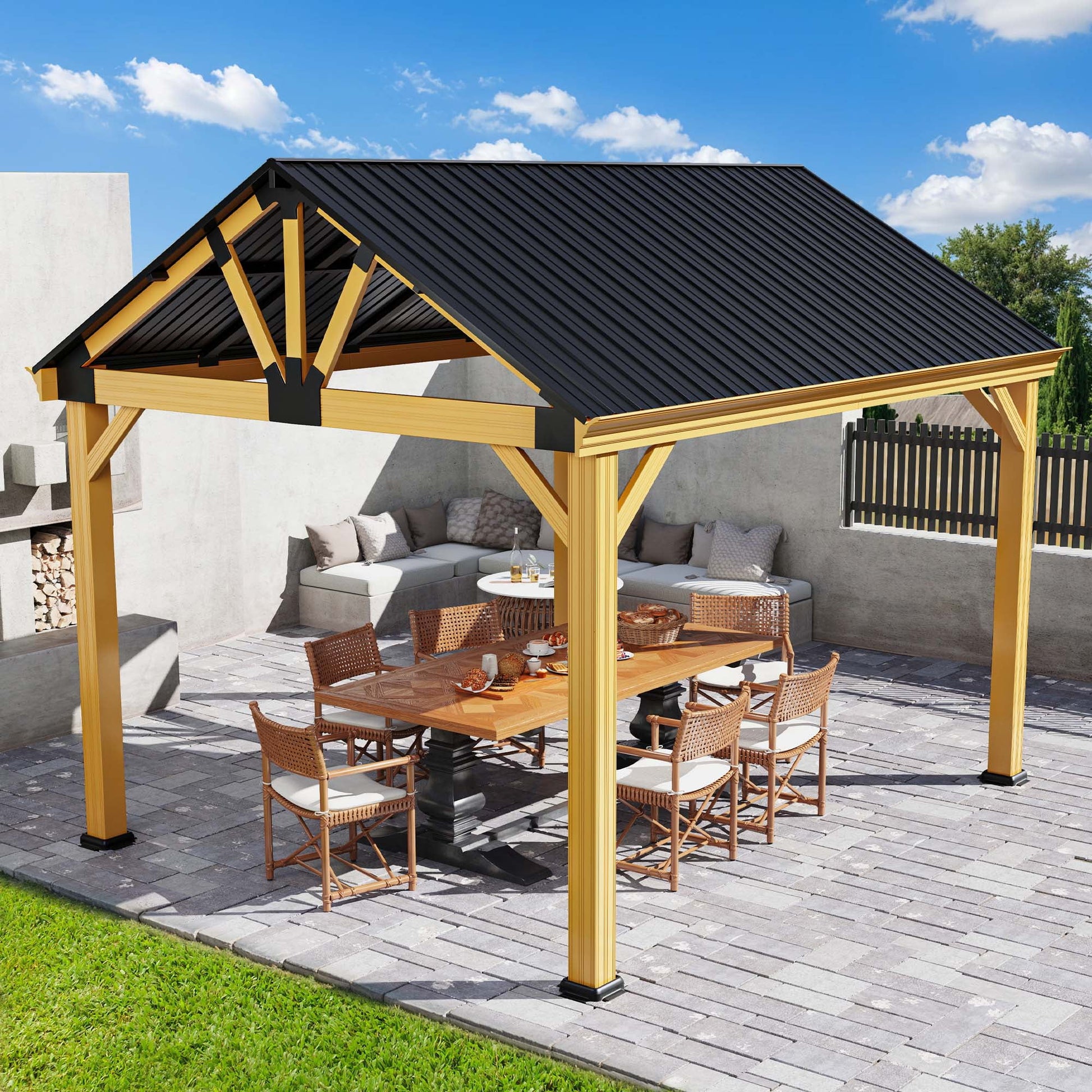 Mazonvintage 11' x13.8' Outdoor Gazebo, Hardtop Gazebo with Galvanized Steel Top Pavilion Gable Roof, for Patio, Garden, Balcony