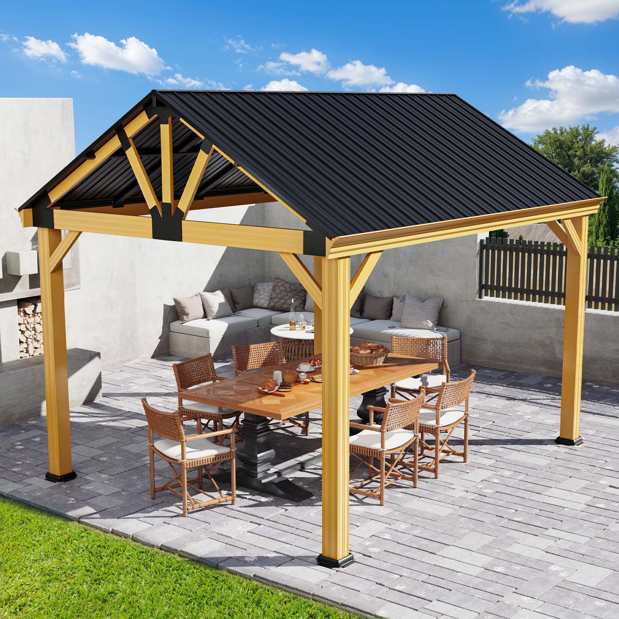 Mazonvintage 11' x13.8' Outdoor Gazebo, Hardtop Gazebo with Galvanized Steel Top Pavilion Gable Roof, for Patio, Garden, Balcony