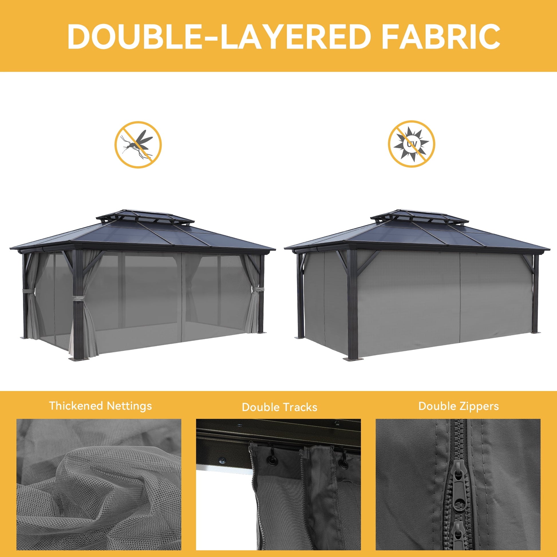 Mazonvintage 12x16FT Double Roof Gazebo Canopy, Outdoor Gazebo with Netting and Shaded Curtains, Aluminum Frame Hardtop Garden Tent for Patio, Mazonvintage and Lawns, Grey Curtain