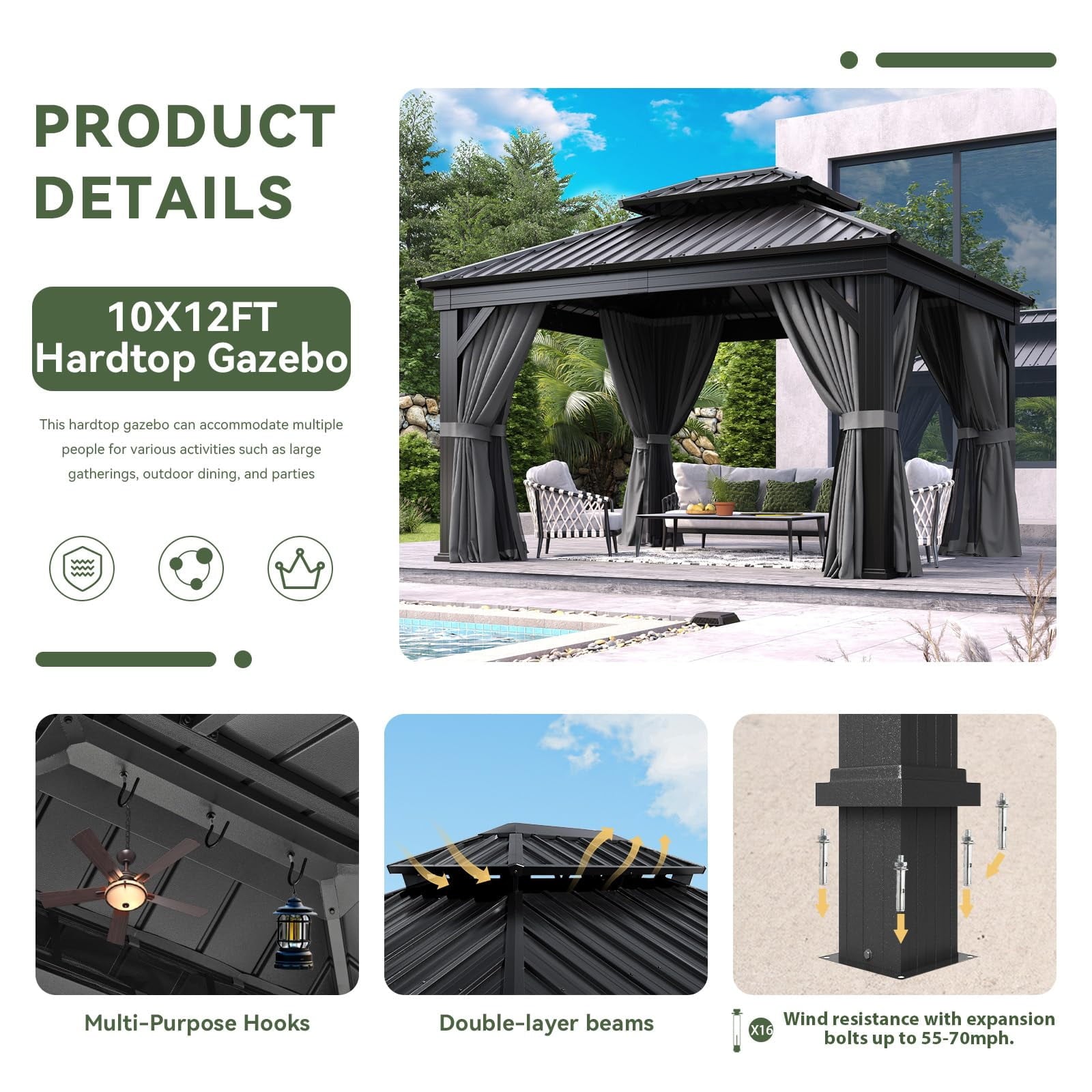 Mazonvintage 10' X 12' Hardtop Gazebo, Aluminum Outdoor Gazebo with Galvanized Steel Double Roof Canopy, Permanent Metal Gazebo with Privacy Curtain and Netting, for Garden, Backyard, Deck