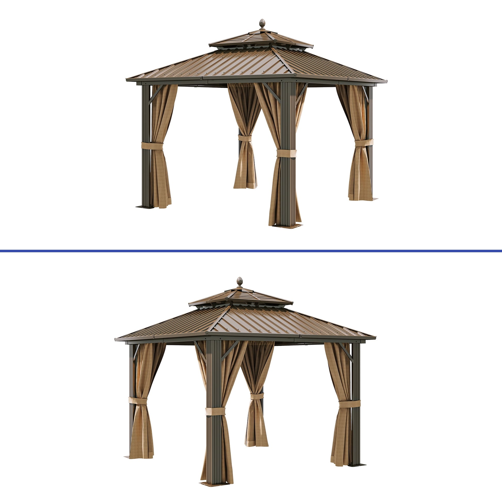 Mazonvintage 10' x 10' Double Roof Gazebo: Heavy Duty Galvanized Steel wit Netting and Curtains in Bronze
