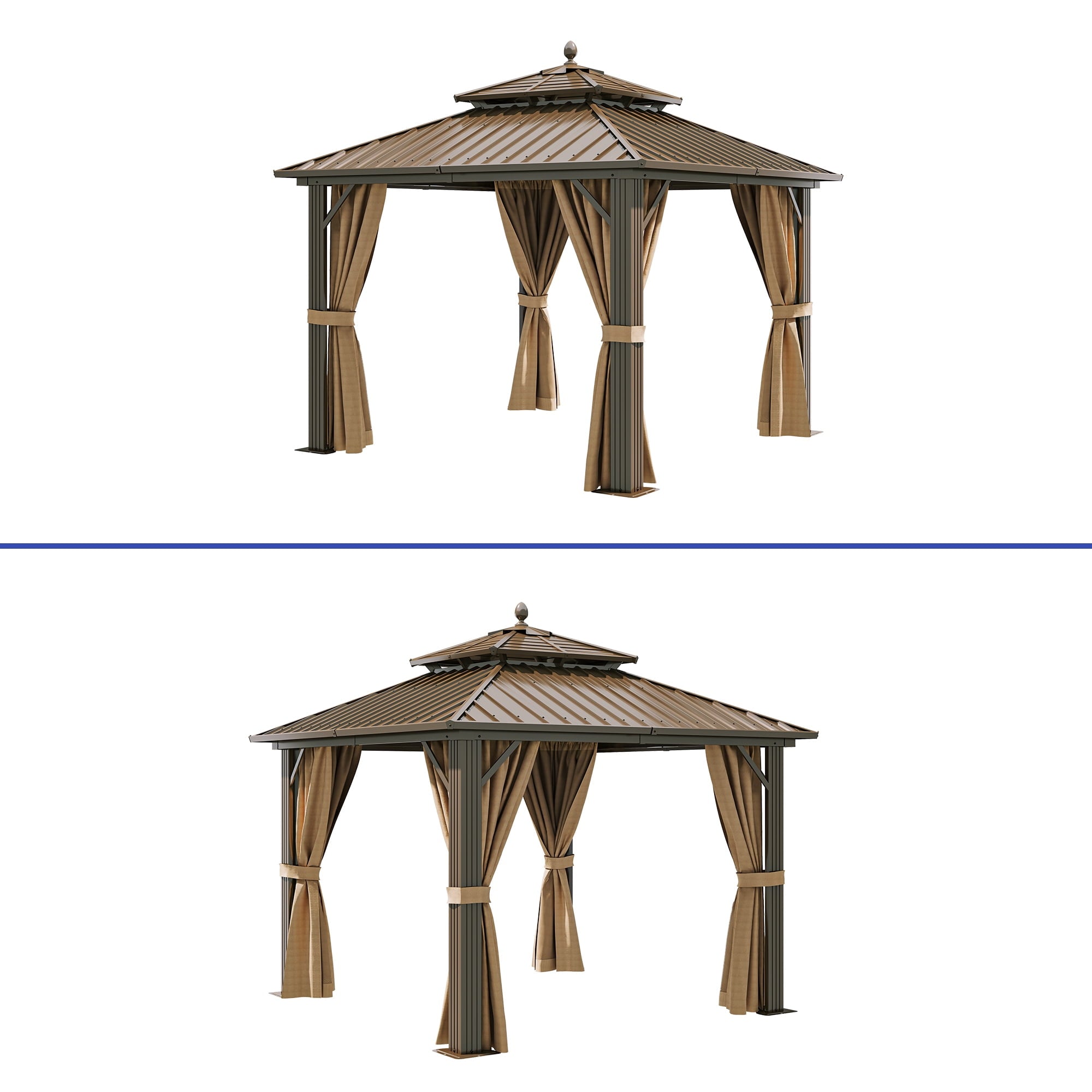 Mazonvintage 10' x 10' Double Roof Gazebo: Heavy Duty Galvanized Steel wit Netting and Curtains in Bronze