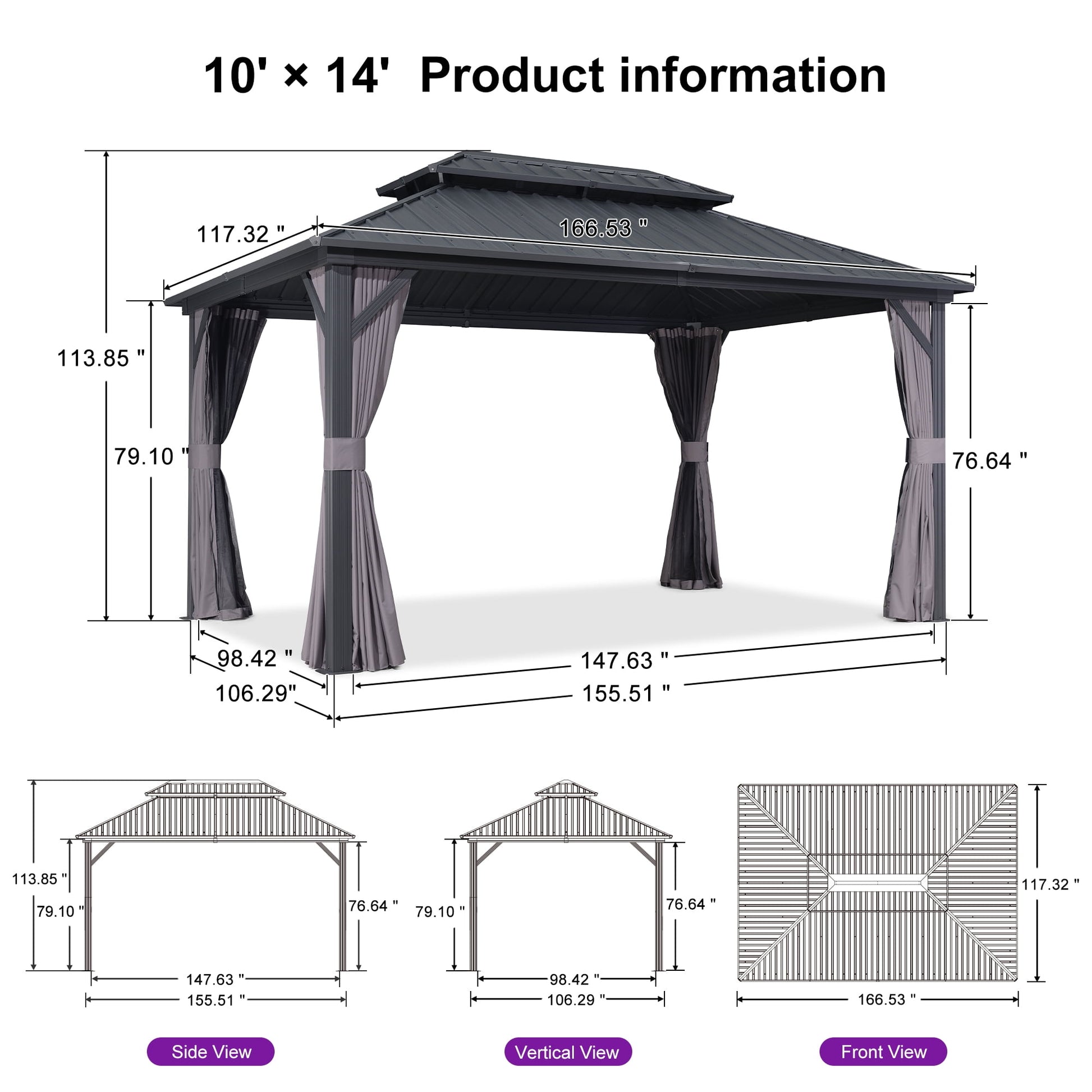 Mazonvintage 10' x 14' Permanent Mazonvintage Gazebo Aluminum Frame Gazebo with Galvanized Steel Double Roof, UV-Resistant for Mazonvintage Patio Lawn and Garden, Netting & Curtains included - Grey