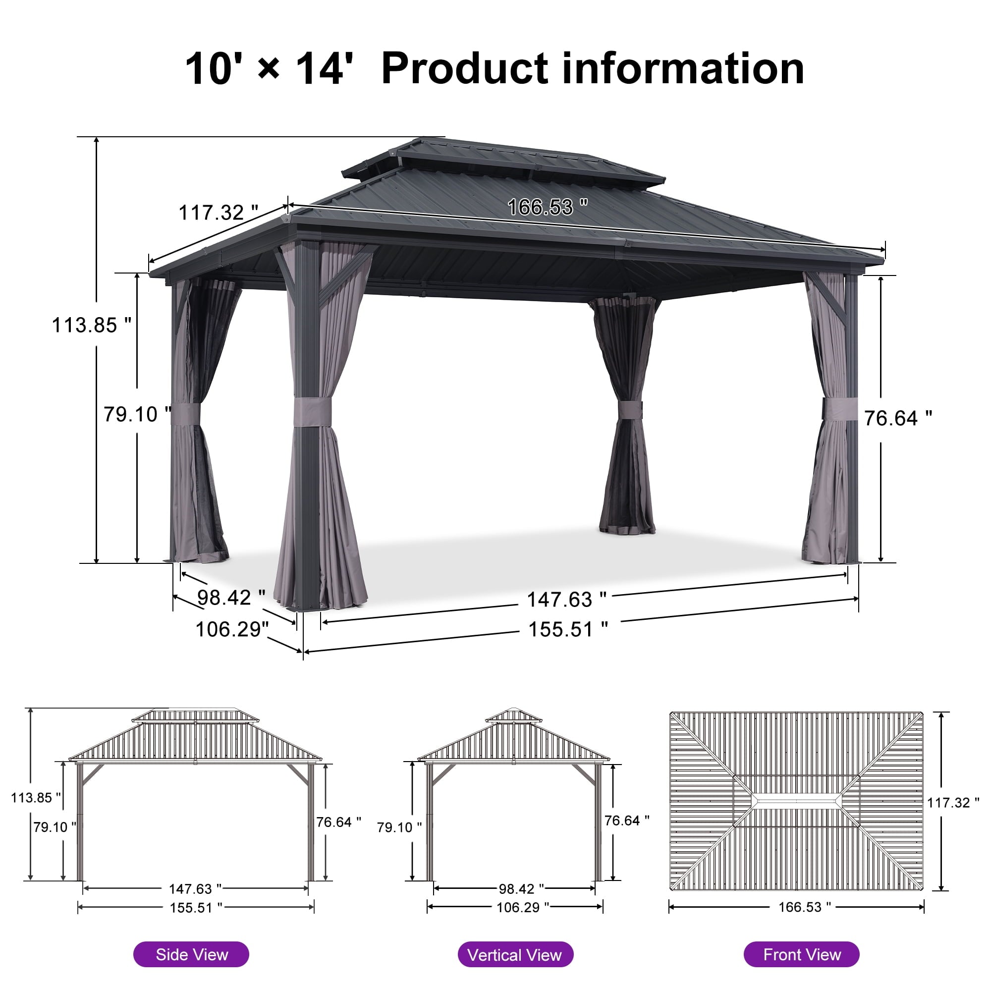 Mazonvintage 10' x 14' Permanent Mazonvintage Gazebo Aluminum Frame Gazebo with Galvanized Steel Double Roof, UV-Resistant for Mazonvintage Patio Lawn and Garden, Netting & Curtains included - Grey