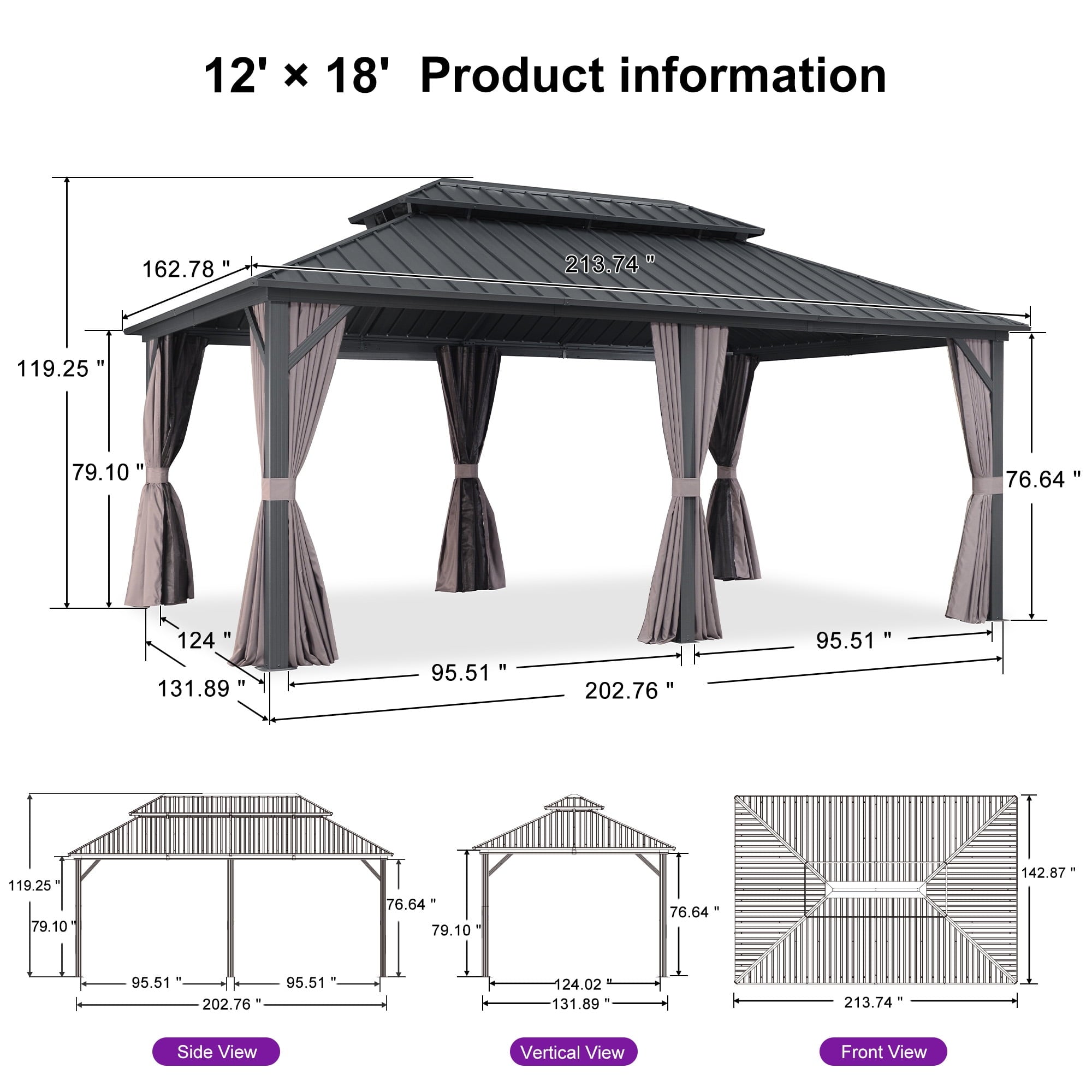 Mazonvintage LEAF 12' x 16' Permanent Hardtop Gazebo Aluminum Frame Gazebo with Galvanized Steel Double Roof, UV-Resistant for Mazonvintage Patio Lawn and Garden, Netting & Curtains included - Grey