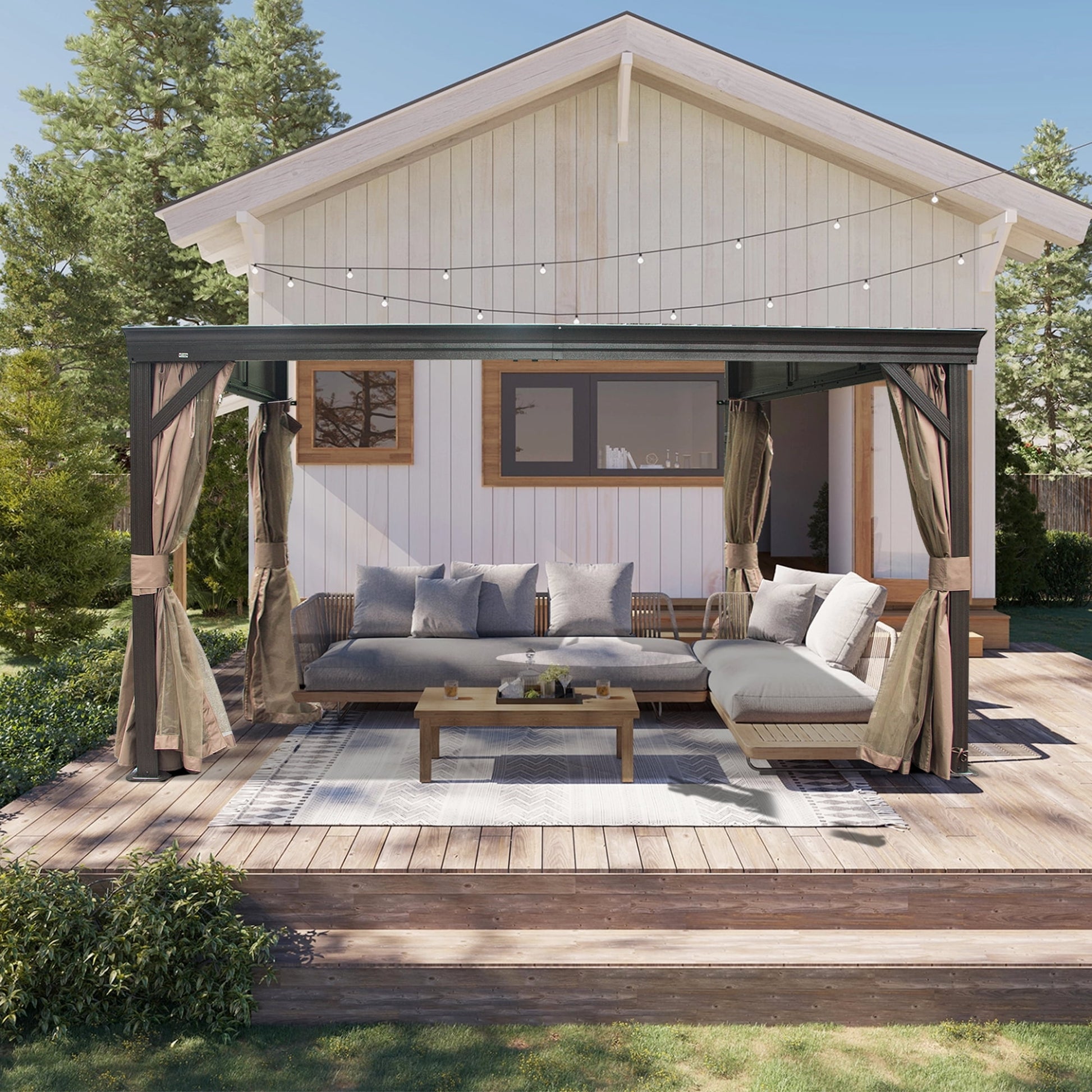 Mazonvintage Outdoor Living 10' x 12' Hardtop Lean-to Gazebo, Wall-Mounted with Galvanized Steel Roof Wall Pergola with Aluminum Frame, Curtains and Netting, for Patio, Deck, Garden, Backyard