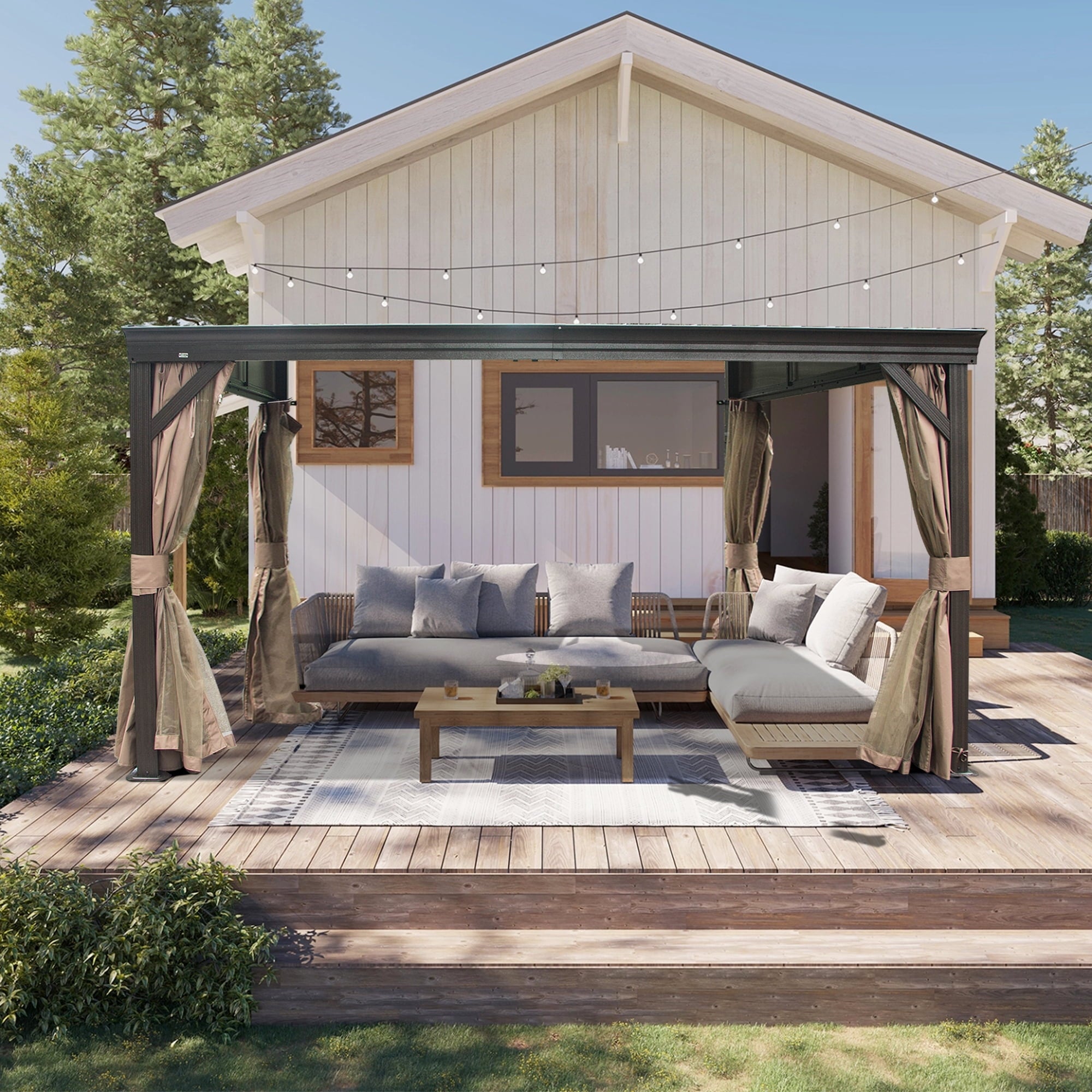 Mazonvintage Outdoor Living 10' x 12' Hardtop Lean-to Gazebo, Wall-Mounted with Galvanized Steel Roof Wall Pergola with Aluminum Frame, Curtains and Netting, for Patio, Deck, Garden, Backyard