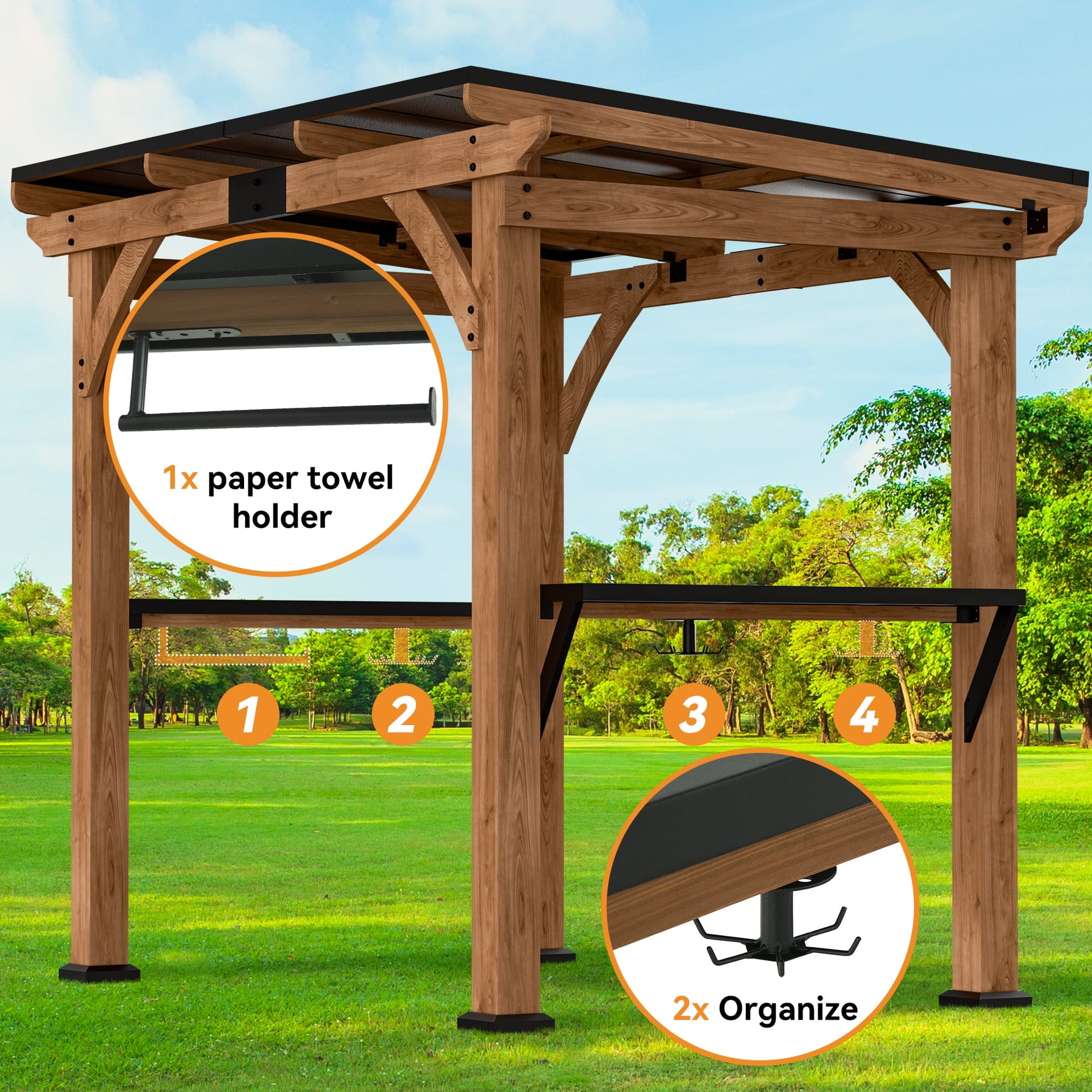Mazonvintage Shade Grill Gazebo 6' X 8', Cedar Wood Gazebo with Shelves and Paper Towel Holder, Patio Gazebo with Galvanized Steel Roof, USB and USB-C Charging Ports, BBQ Gazebo for Patio Backyard