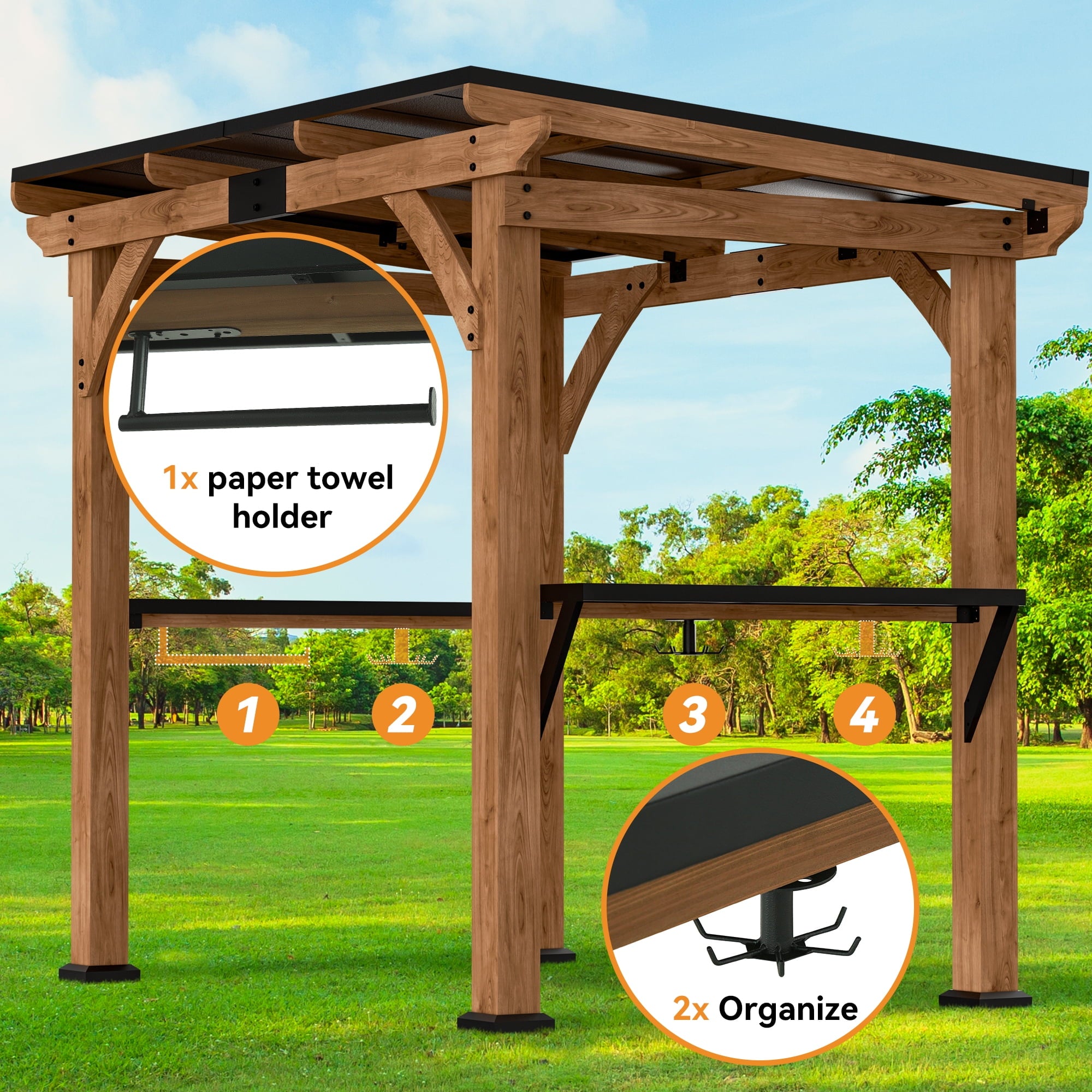 Mazonvintage Shade Grill Gazebo 6' X 8', Cedar Wood Gazebo with Shelves and Paper Towel Holder, Patio Gazebo with Galvanized Steel Roof, USB and USB-C Charging Ports, BBQ Gazebo for Patio Backyard