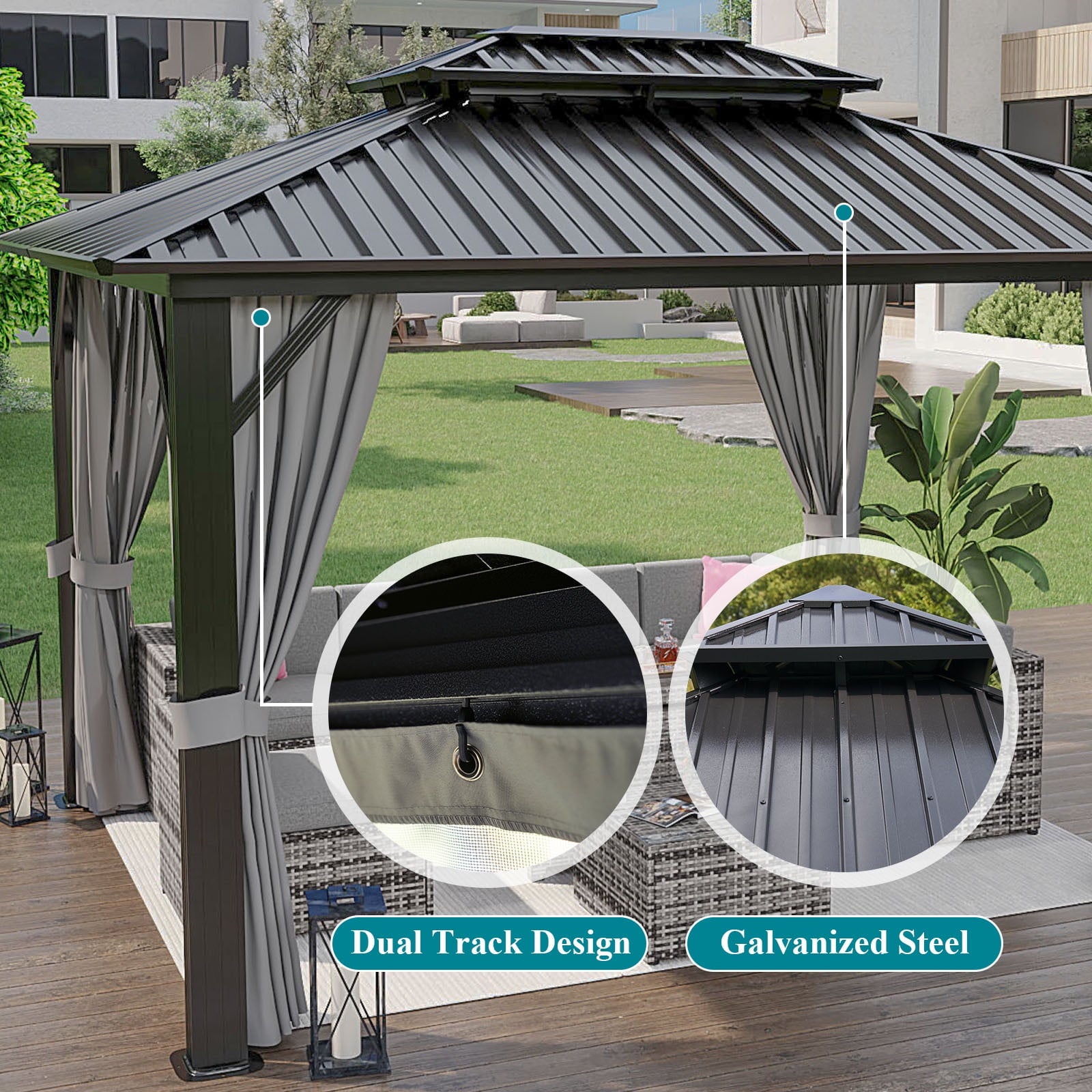 Mazonvintage 10'x12' Hardtop Gazebo, Outdoor Steel Double Roof Canopy, Aluminum Frame Permanent Pavilion with Curtains and Netting, Sunshade for Garden, Patio, Lawns, Black