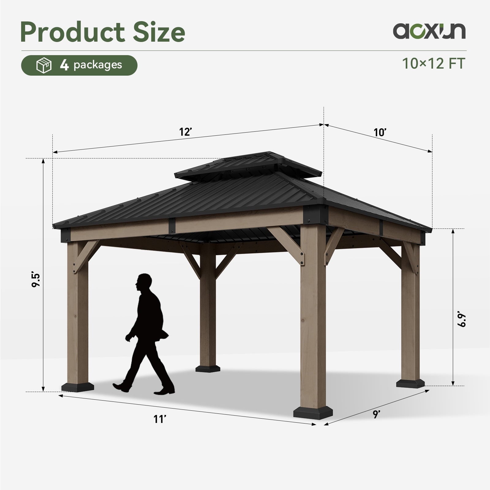 Mazonvintage 10' x 12' Outdoor Wood Gazebo, Hardtop Gazebo Permanent Wooden Pavilion with Galvanized Steel Double Roof, for Patio, Garden, Deck, Cedar Wood