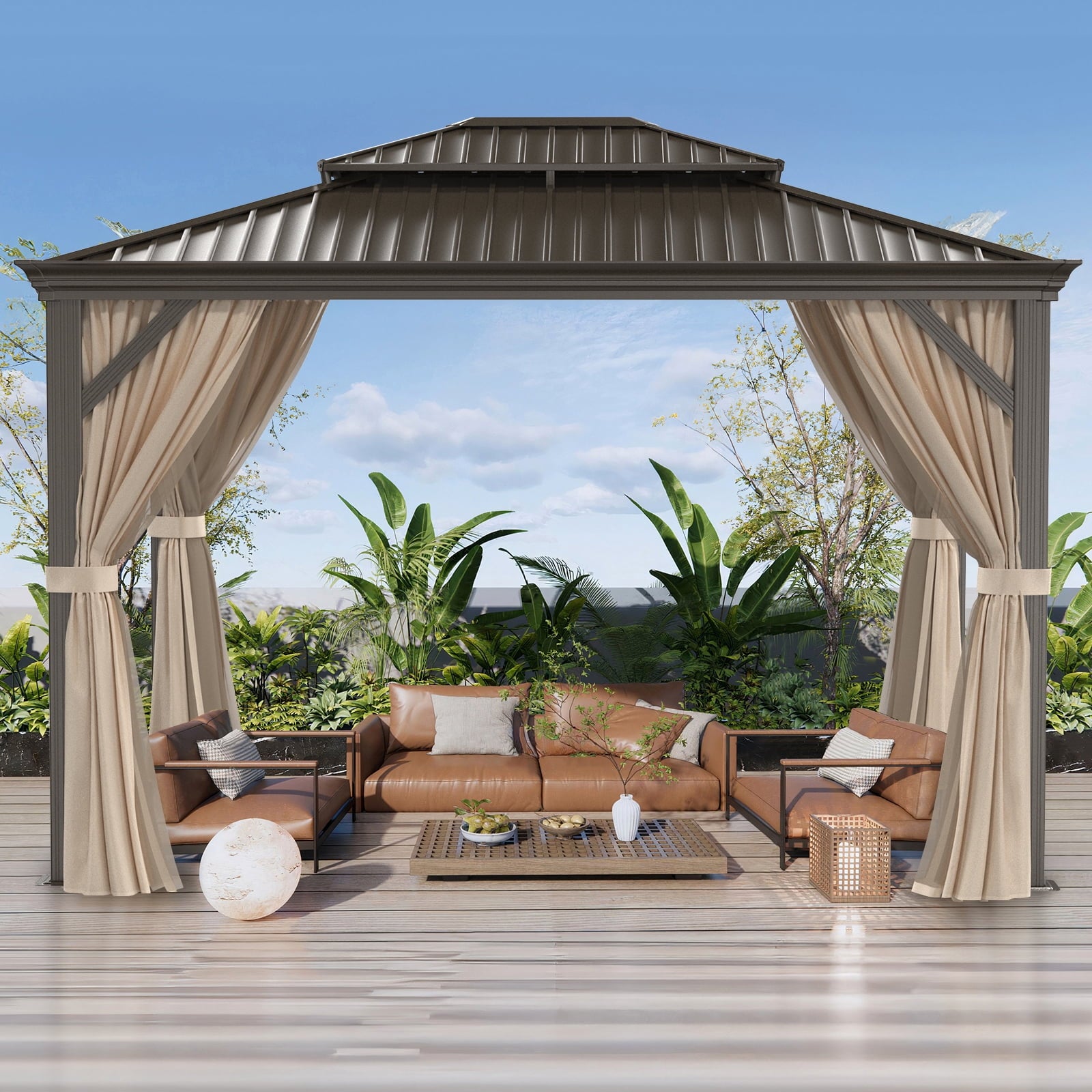 Mazonvintage Mazonvintage Gazebo, Aluminum Frame Canopy with Double Galvanized Steel Roof, Outdoor Metal Pavilion with Netting, Curtains for Backyard 10' x 12'