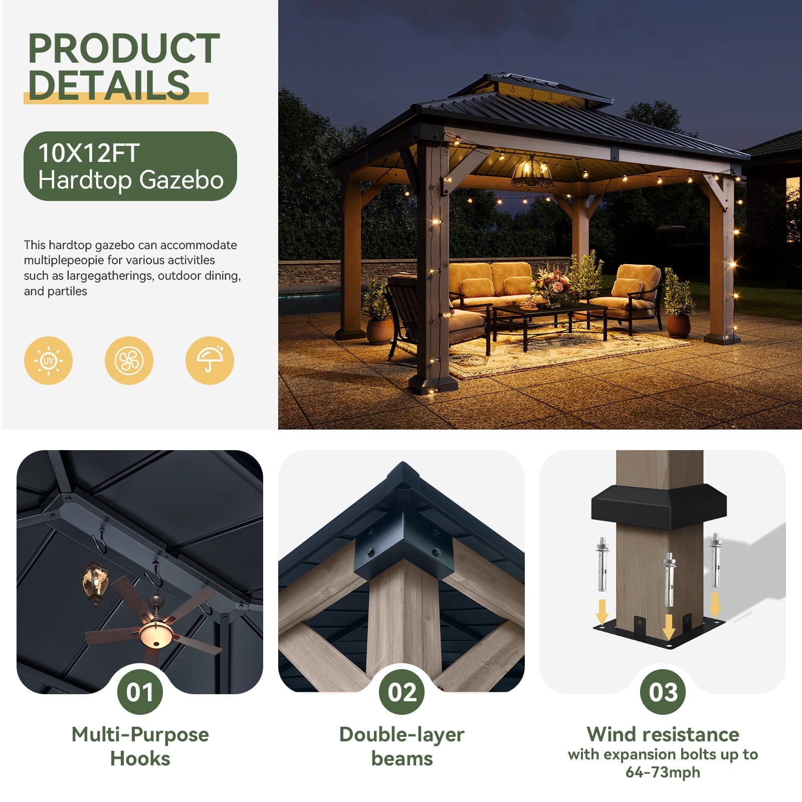 Mazonvintage 10' x 12' Outdoor Wood Gazebo, Hardtop Gazebo Permanent Wooden Pavilion with Galvanized Steel Double Roof, for Patio, Garden, Deck, Cedar Wood