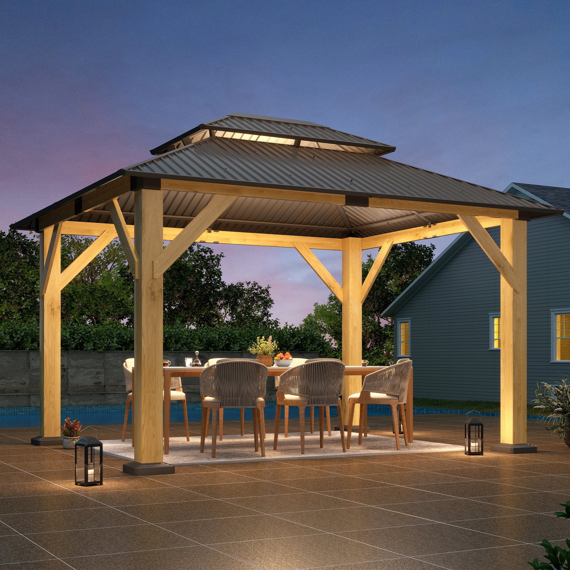 Mazonvintage 10 x 12 ft. Outdoor Wooden Mazonvintage Gazebo, Galvanized Steel Double Roof Gazebo for Patio, Mazonvintage, Deck, Lawns